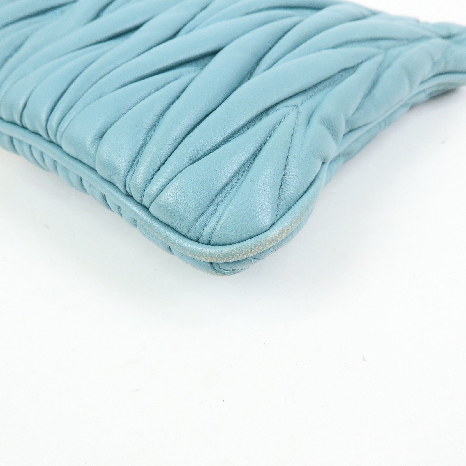 MIU MIU Logo Matelasse Nappa Leather Clutch Bag Light Blue 5N1573