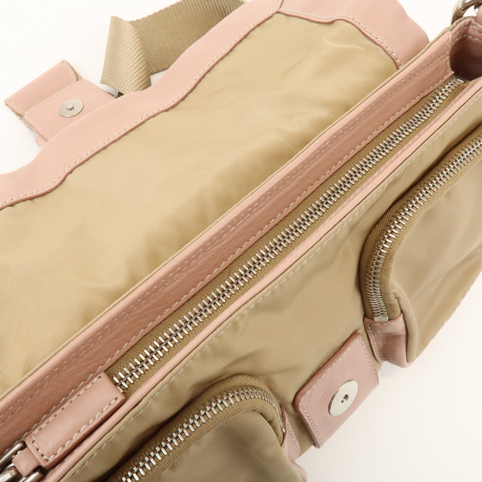 PRADA Triangle Logo Nylon Leather Shoulder Bag Beige Pink BR2417