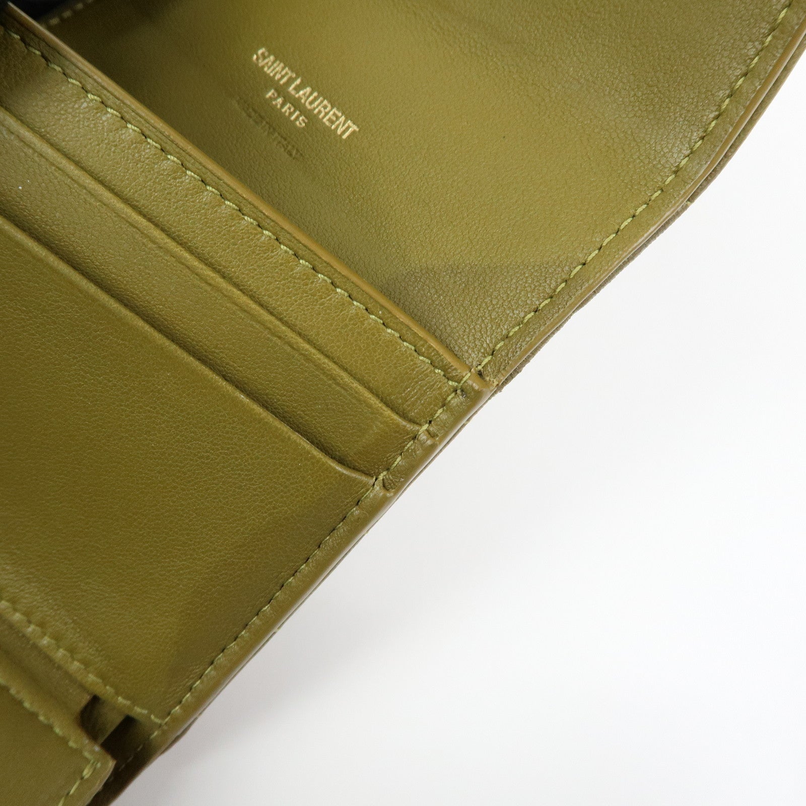 SAINT LAURENT PARIS Cassandra Leather Tri-Fold Wallet Khaki