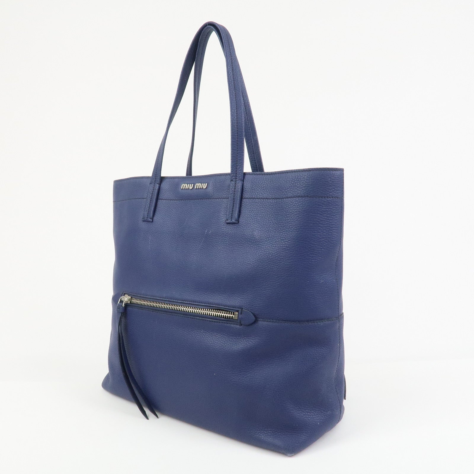 MIU MIU Logo Madras Leather Tote Bag Shoulder Bag Hand Bag Blue