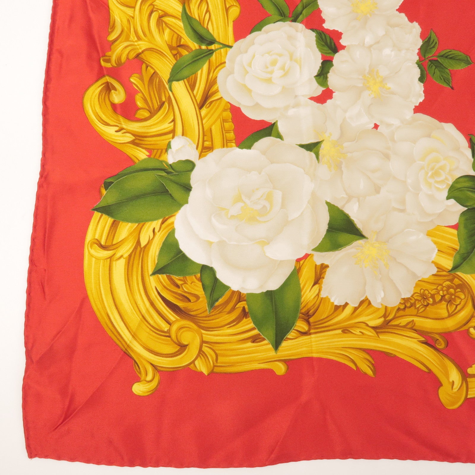 CHANEL Silk 100% Scarf Rose Print Floral Pattern 93x93 Red Gold