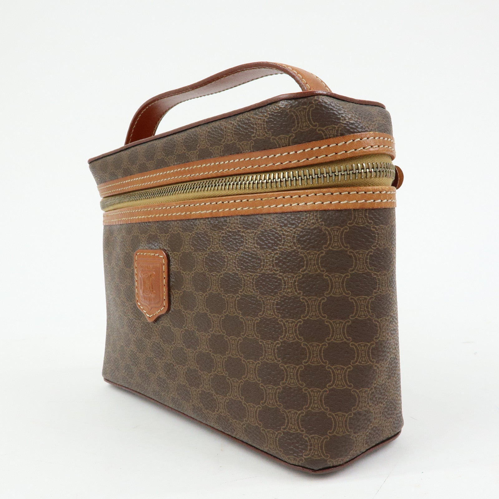 CELINE Macadam PVC Leather Vanity Hand Bag Makeup Bag Brown
