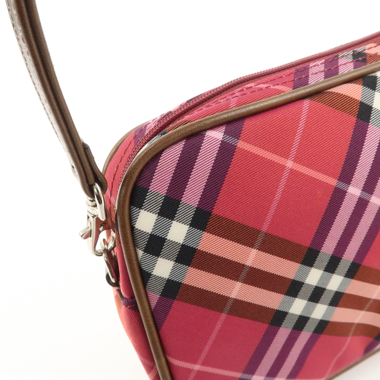 BURBERRY Cotton Leather Hand Bag Shoulder Bag Red Plaid Pattern
