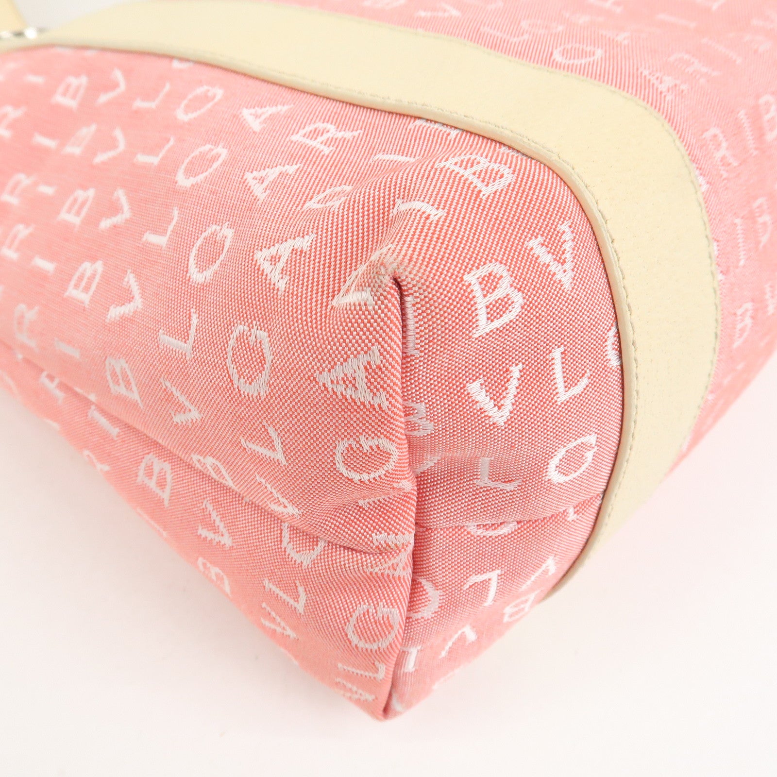 BVLGARI Logo Mania Canvas Leather Hand Bag Tote Bag Pink Ivory