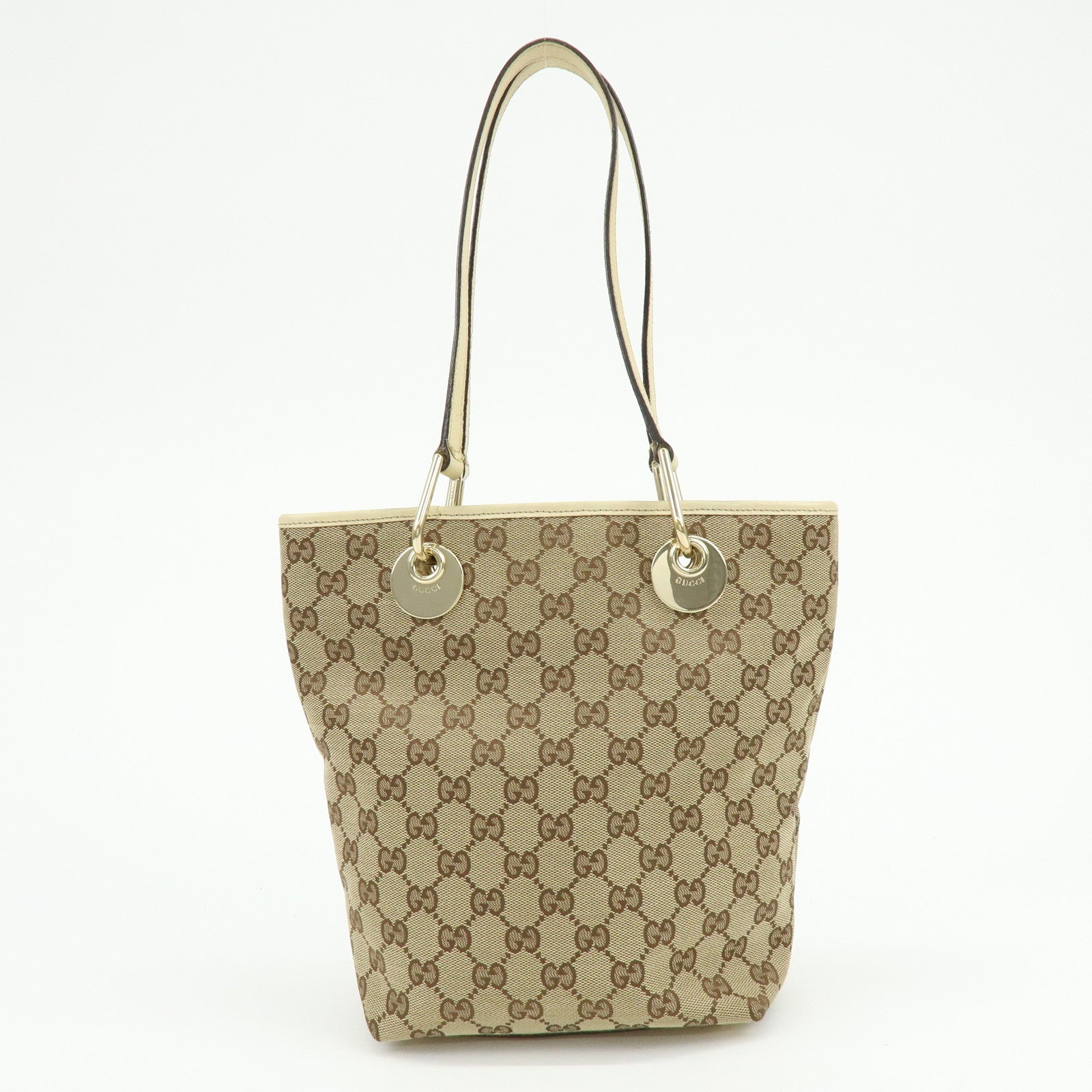 GUCCI GG Canvas Leather Tote Bag Hand Bag Beige Ivory 120840