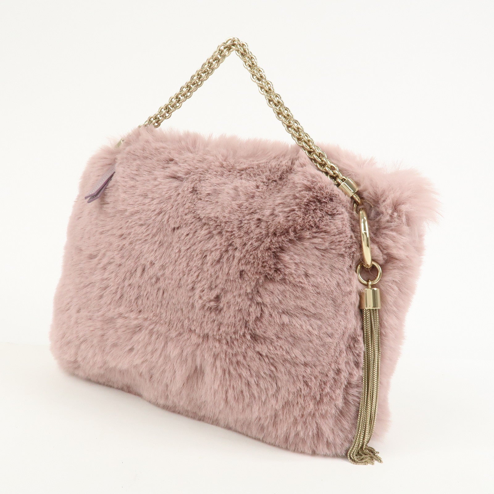 JIMMY CHOO Fur Leather Hand Bag Clutch Bag Pouch Pink