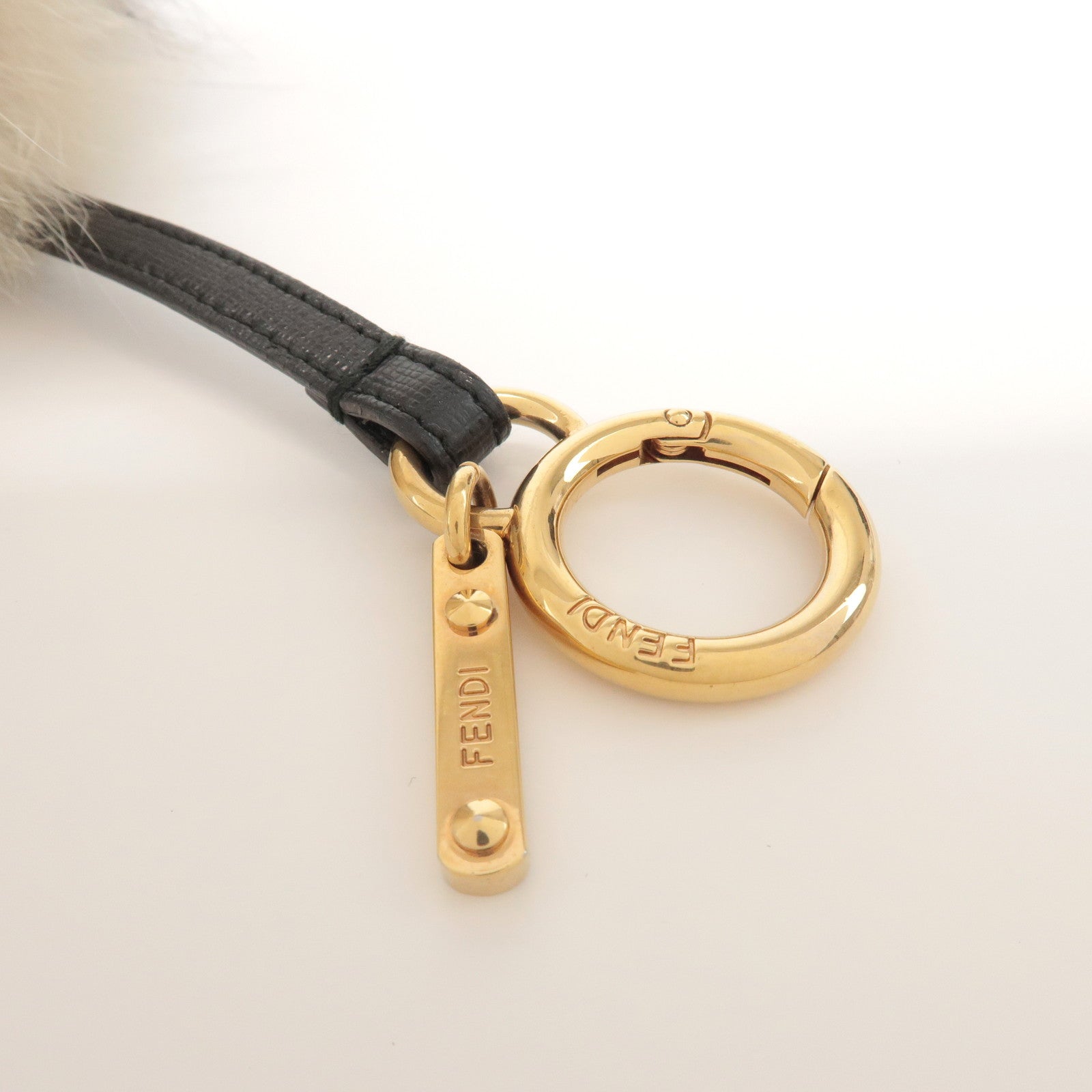 FENDI Fur Leather Bag Charm Key Chain Black White