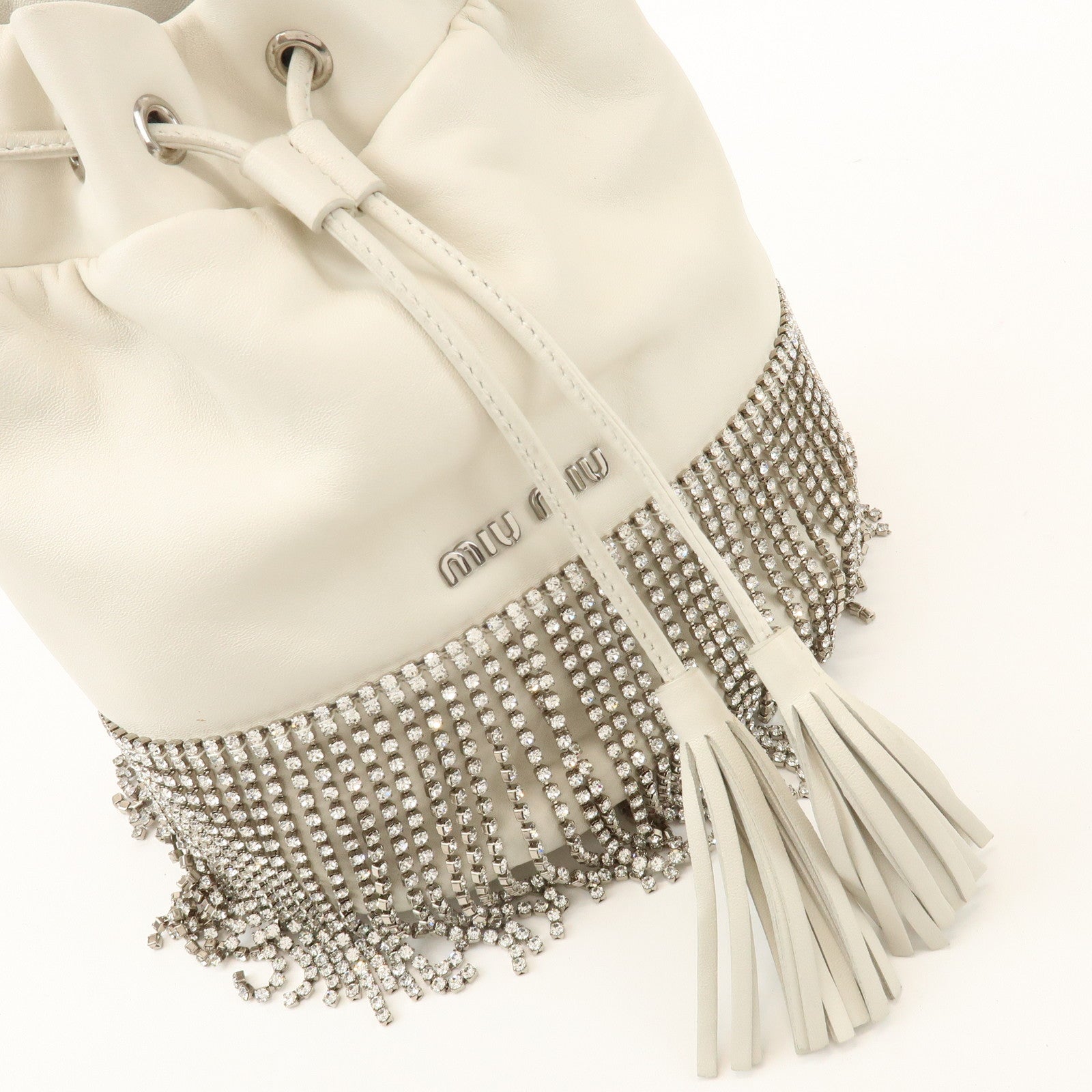 MIU MIU Logo Nappa Leather Strass Fringe 2Way Bag White 5BE014