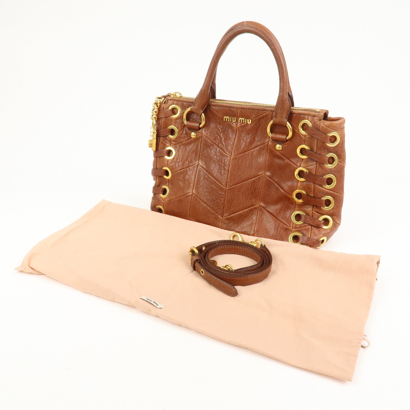 MIU MIU Logo Leather 2Way Bag Hand Bag Shoulder Bag Brown