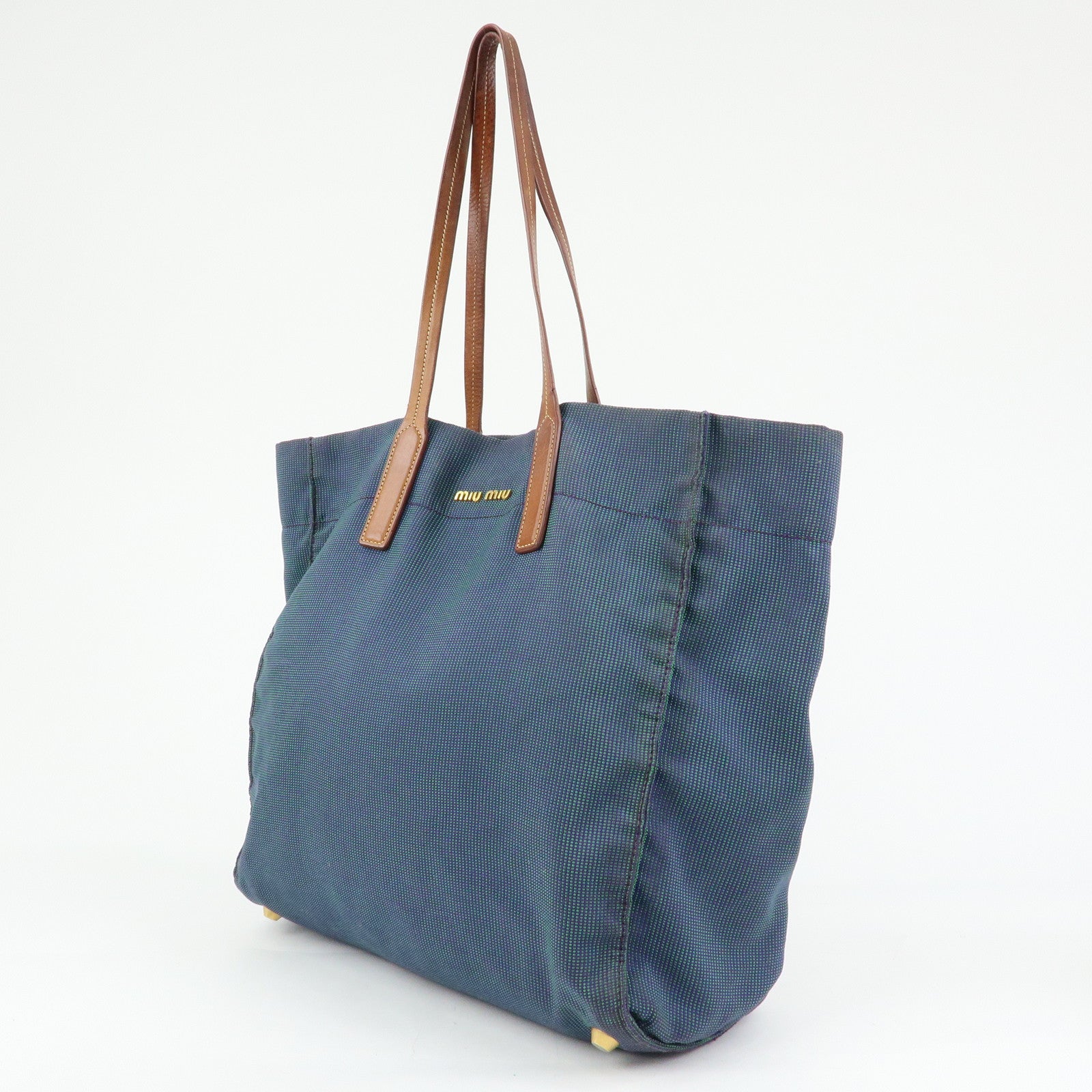 MIU MIU Logo Canvas Leather Tote Bag Shoulder Bag Blue Brown