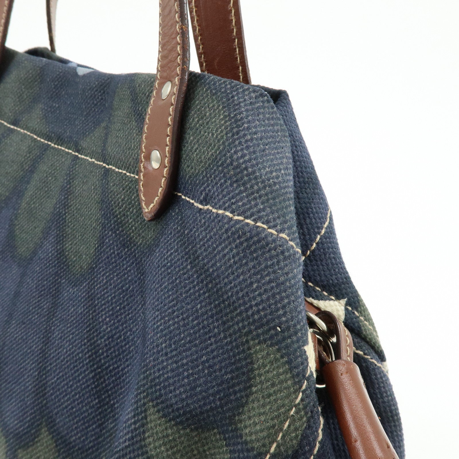 MIU MIU Canvas Leather Tote Bag Shoulder Bag Flower Motif Navy