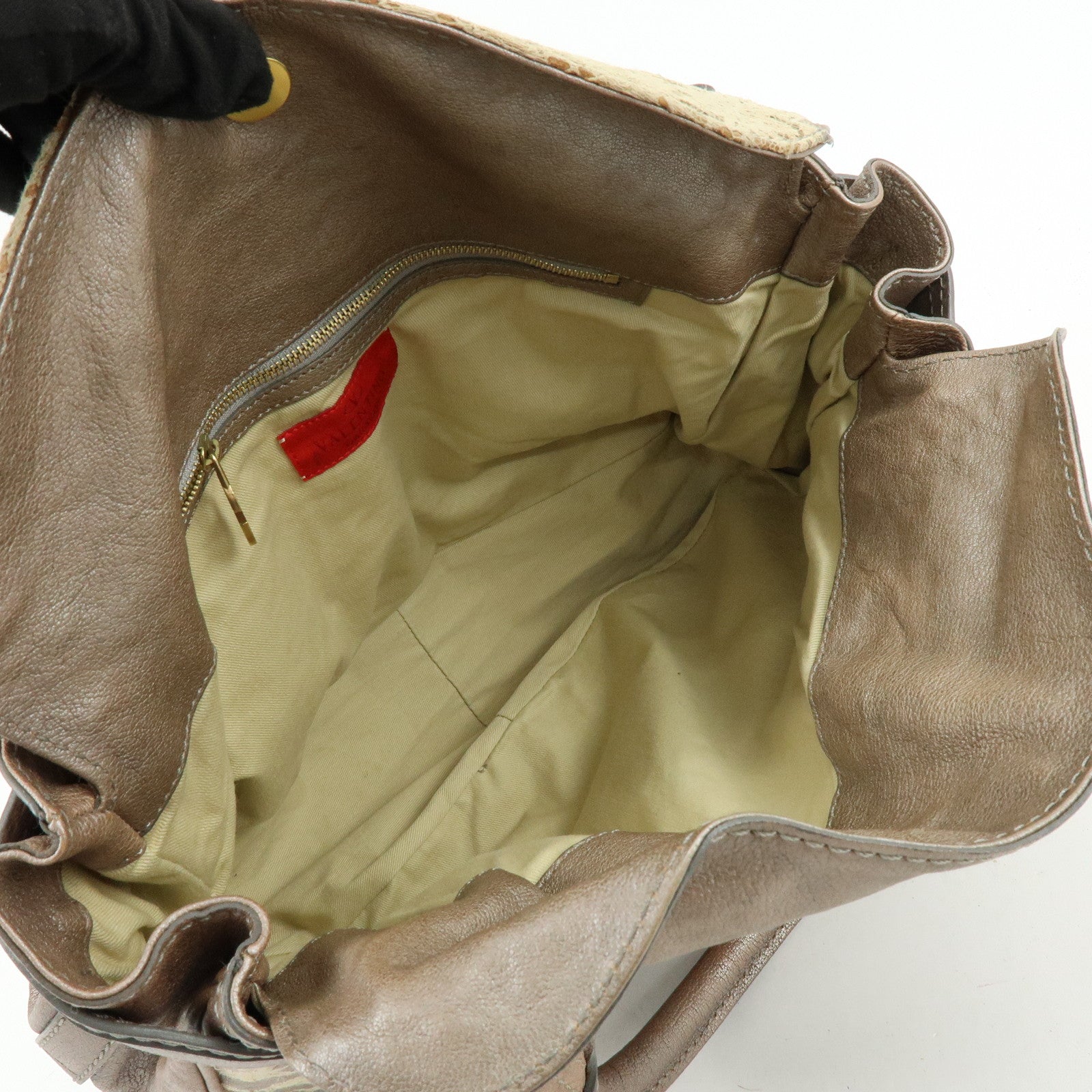 VALENTINO Flower Embroidery Leather Hand Bag Shoulder Bag Greige