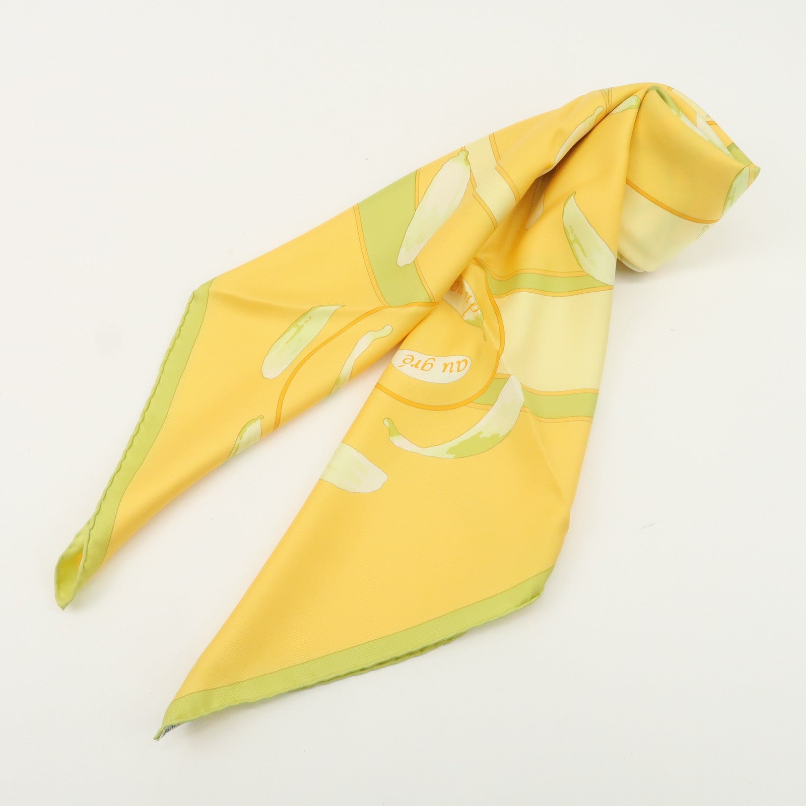 HERMES Carre 90 Silk 100% Scarf Au Gre Du Ven Yellow Light Green Used