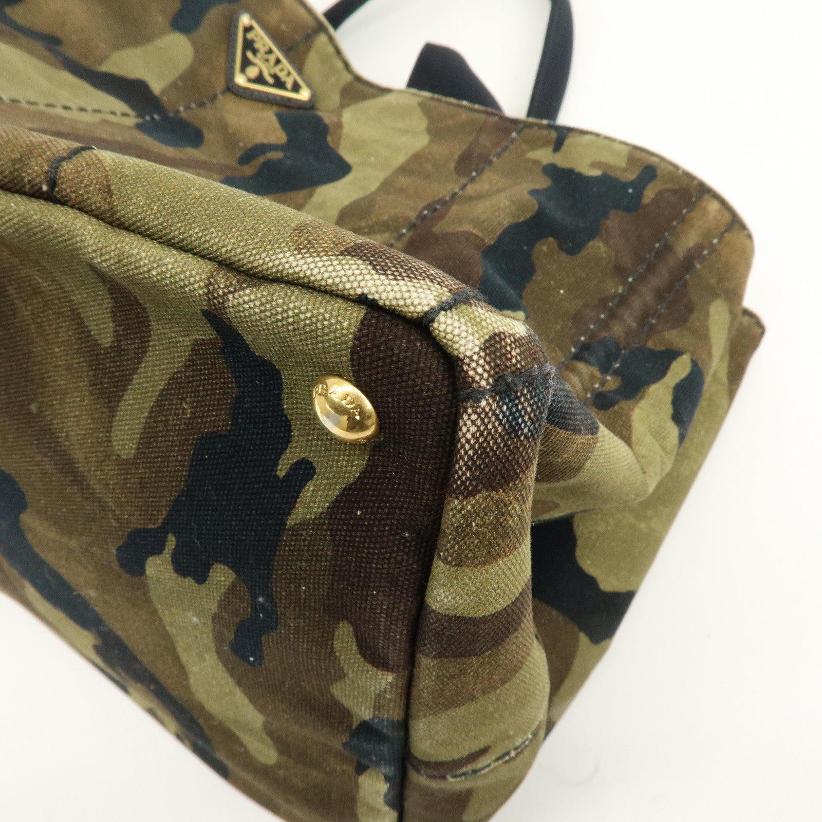 PRADA Canapa Large Tote Bag Hand Bag Khaki Black Brown BN1872