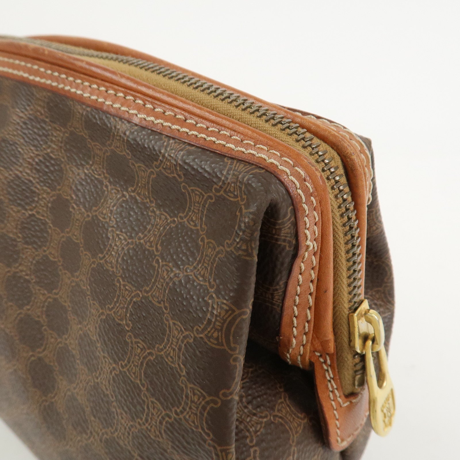 CELINE Macadam PVC Canvas Leather Cosmetic Pouch Brown