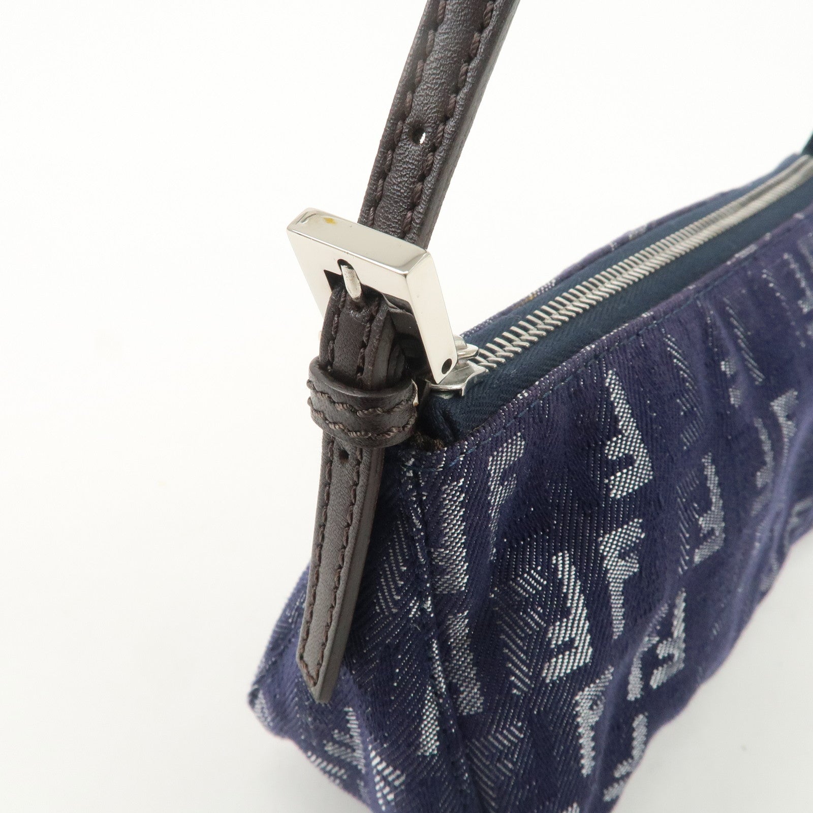 FENDI Zucchino Canvas Leather Shoulder Bag Pouch Navy 8BR249 Used