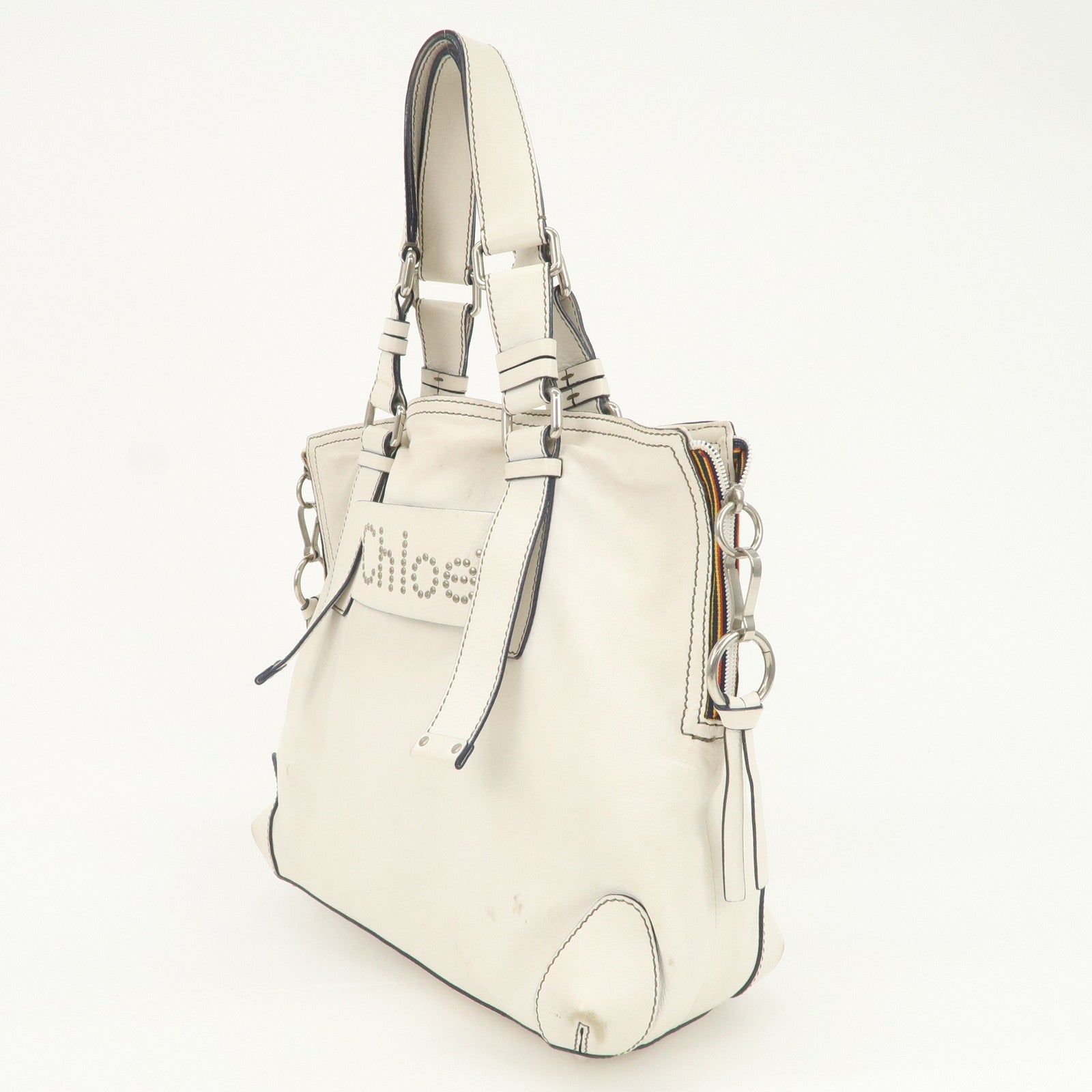 Chloe Patsy Studs Logo Leather Tote Bag Shoulder Bag Ivory