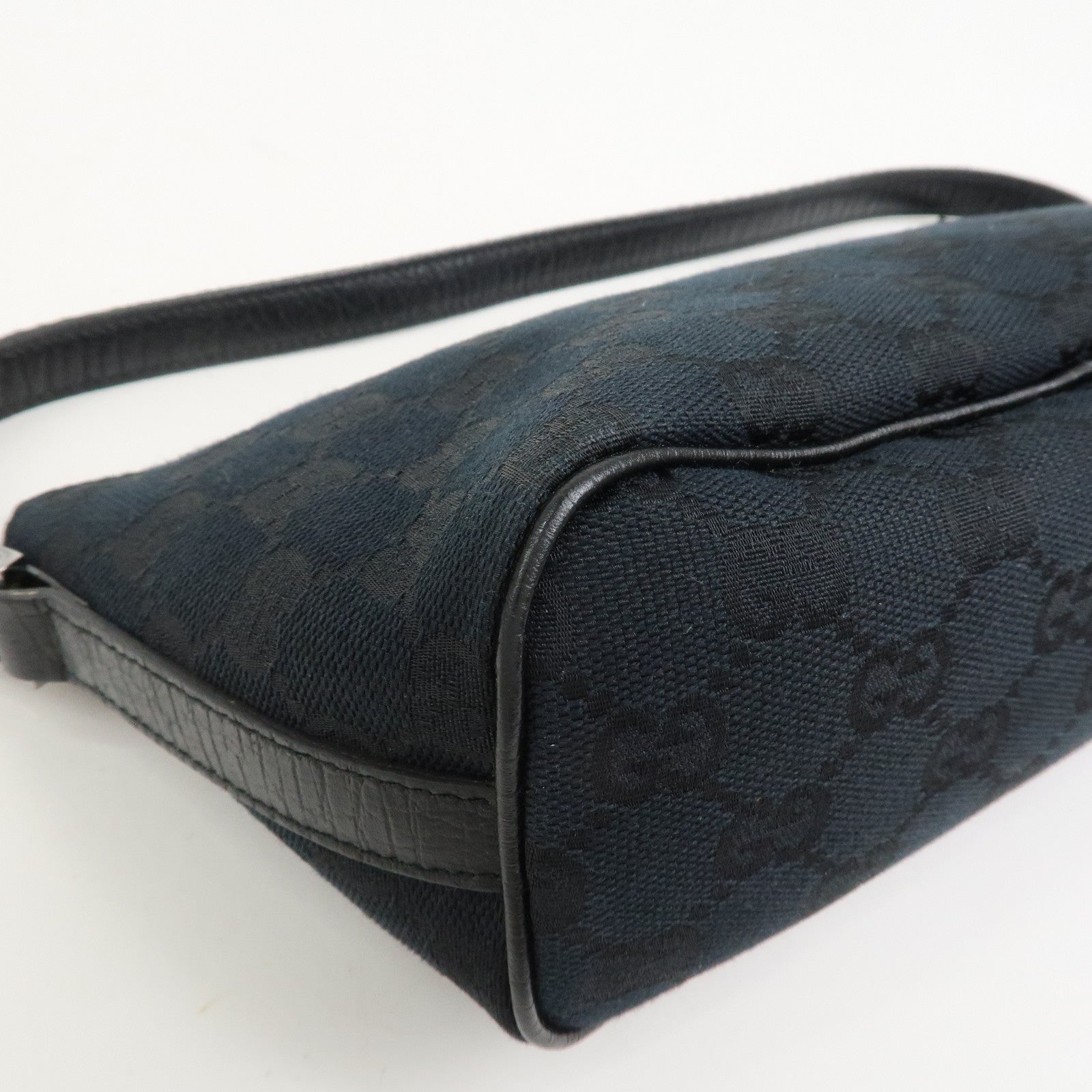 GUCCI Boat Bag Sherry GG Canvas Leather Hand Bag Black 141809