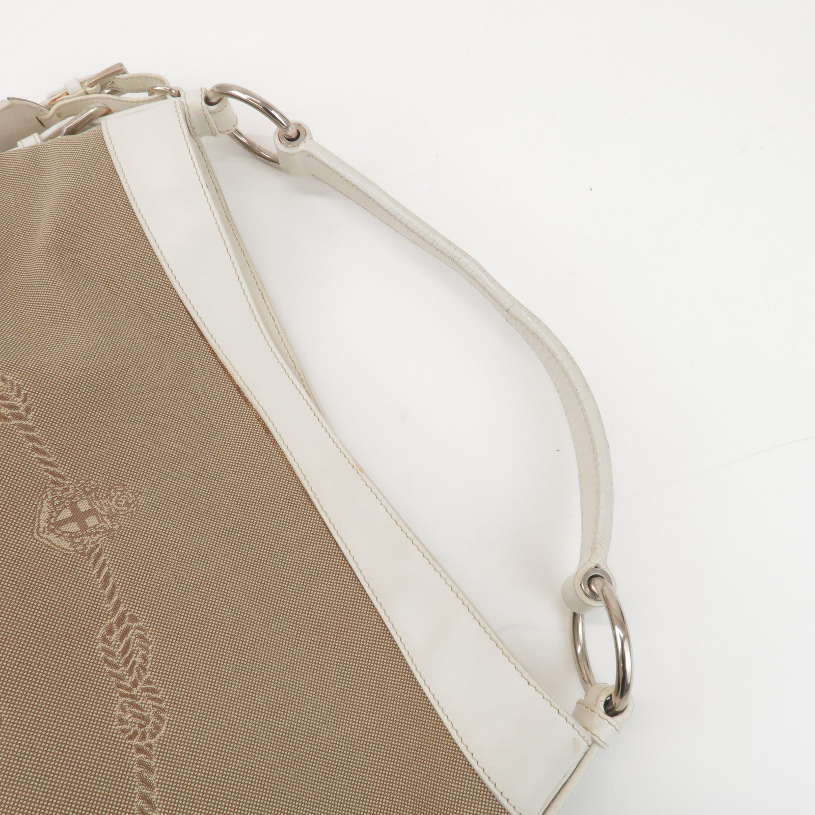 PRADA Jacquard Canvas Leather Shoulder Bag Hand Bag Beige Ivory