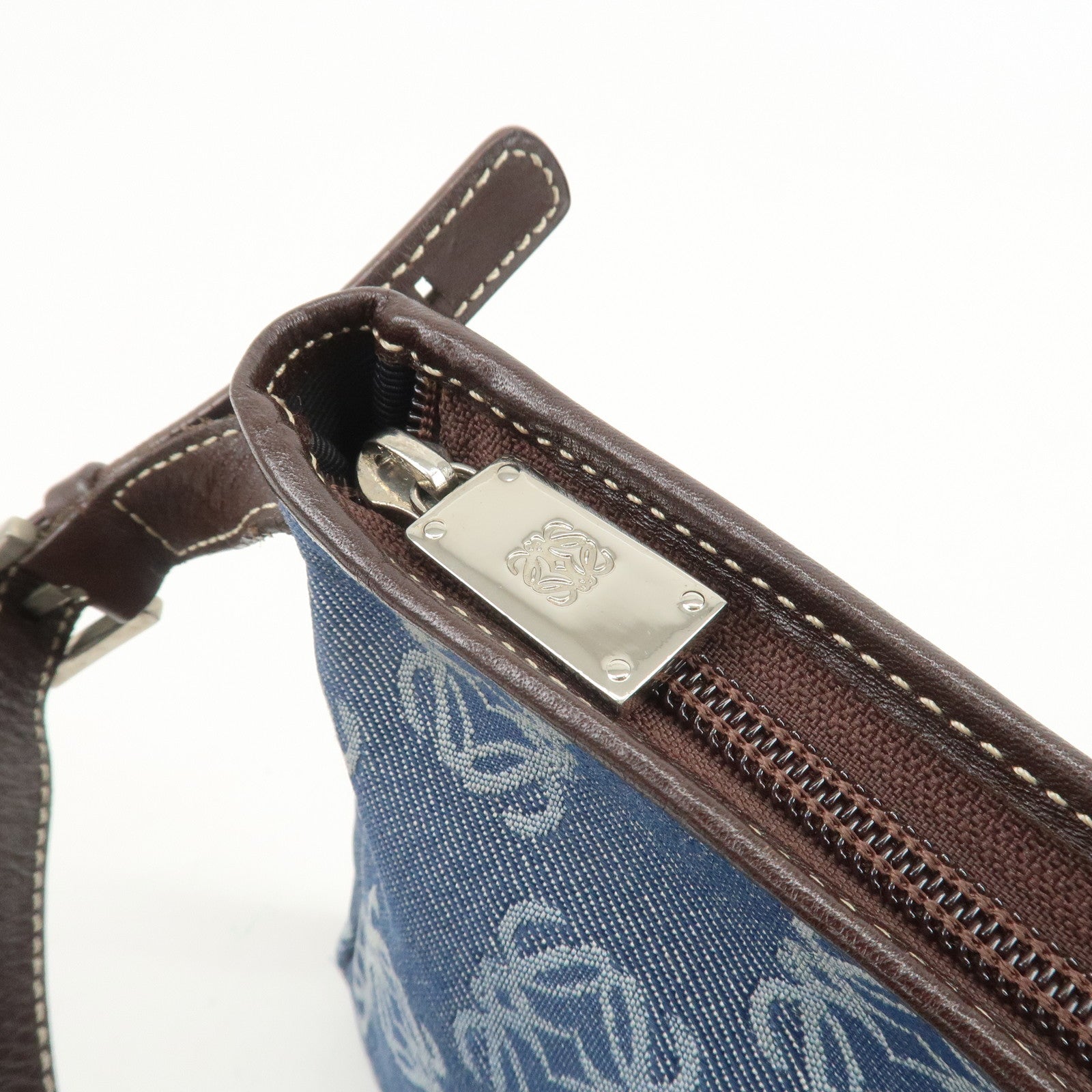 LOEWE Anagram Canvas Leather Shoulder Bag Hand Bag Denim Brown