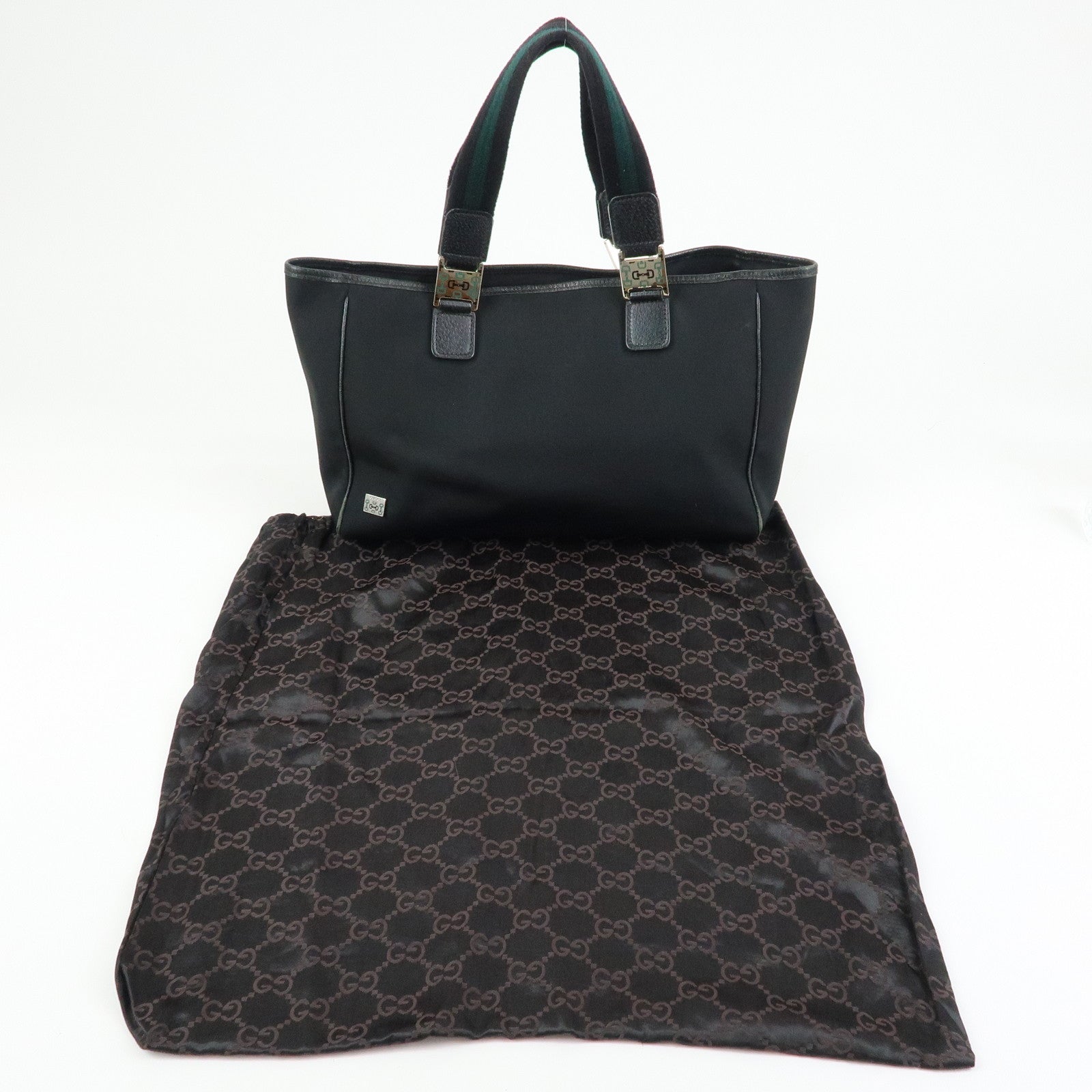 GUCCI Sherry Nylon Leather Tote Bag Hand Bag Black 145758