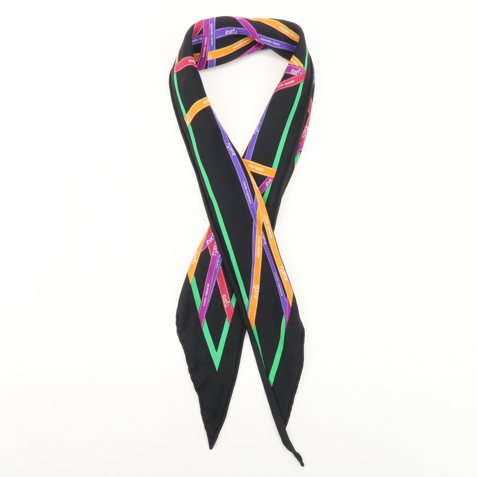 HERMES 90 Silk 100% Pointe Bolduc Triangle Scarf Black