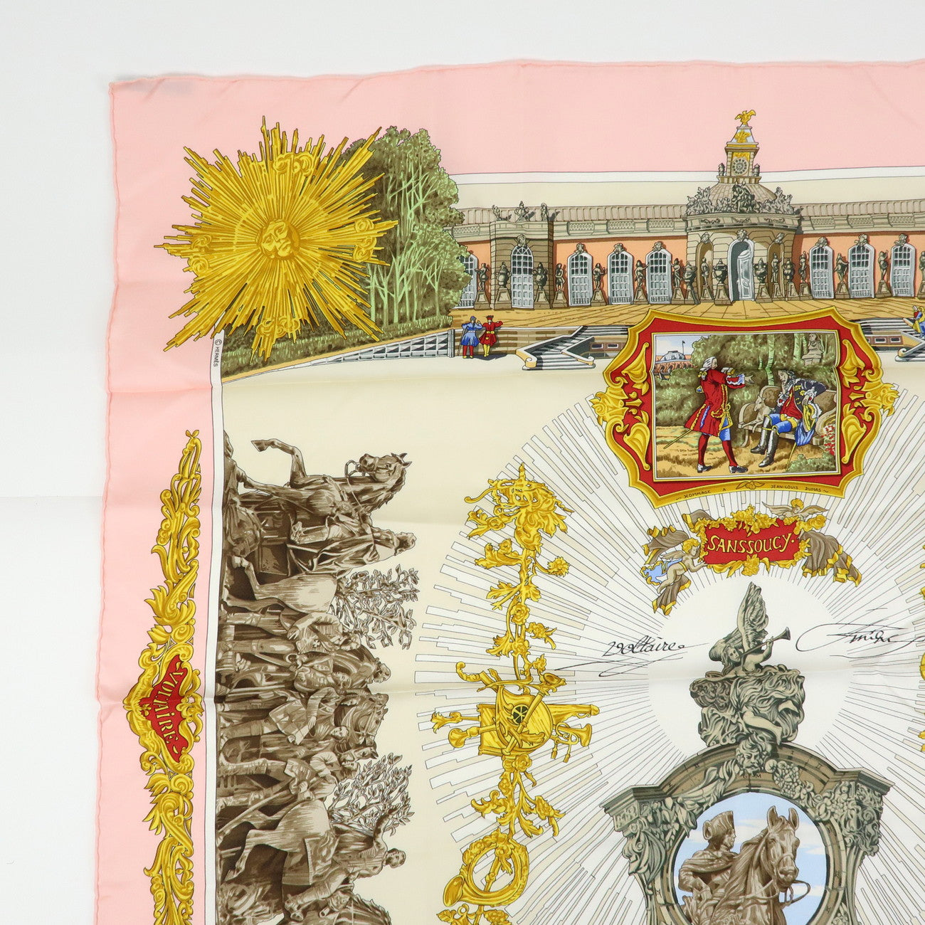 HERMES Carre 90 Silk 100% Scarf SANSSOUCY Pink White