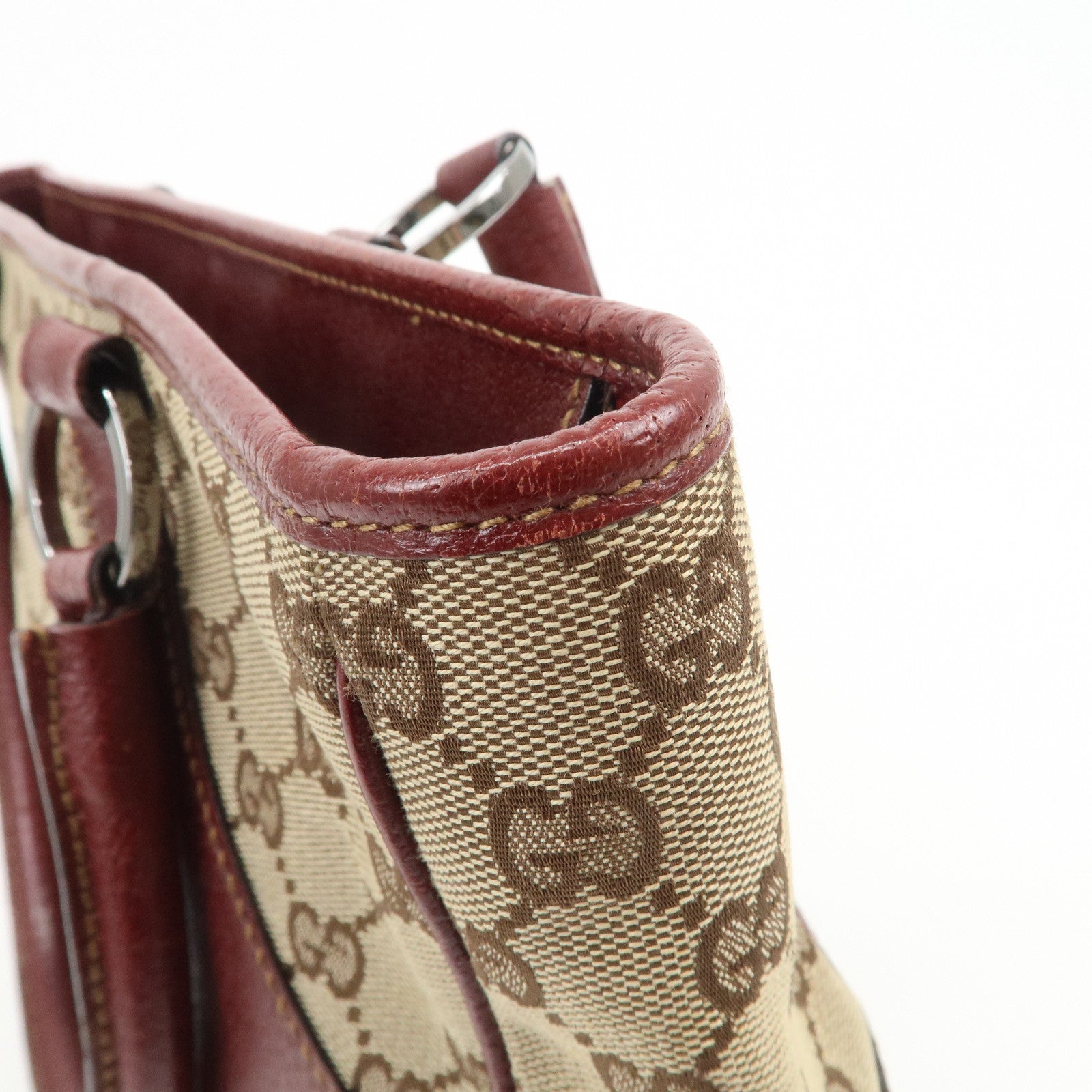 GUCCI GG Monogram Canvas Leather Tote Bag Beige Bordeaux 113011