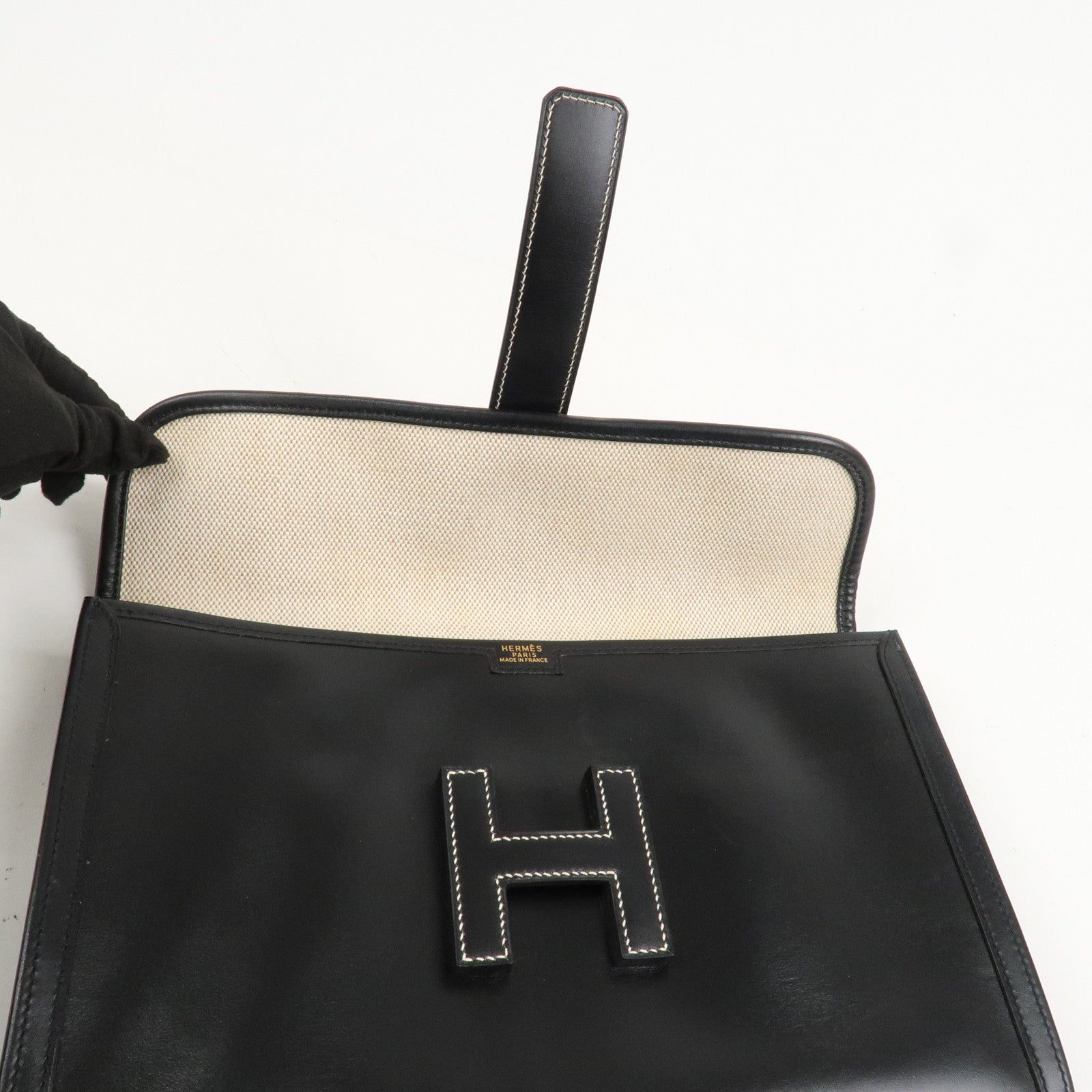 HERMES Box Calf Leather Jige PM Clutch Bag Black