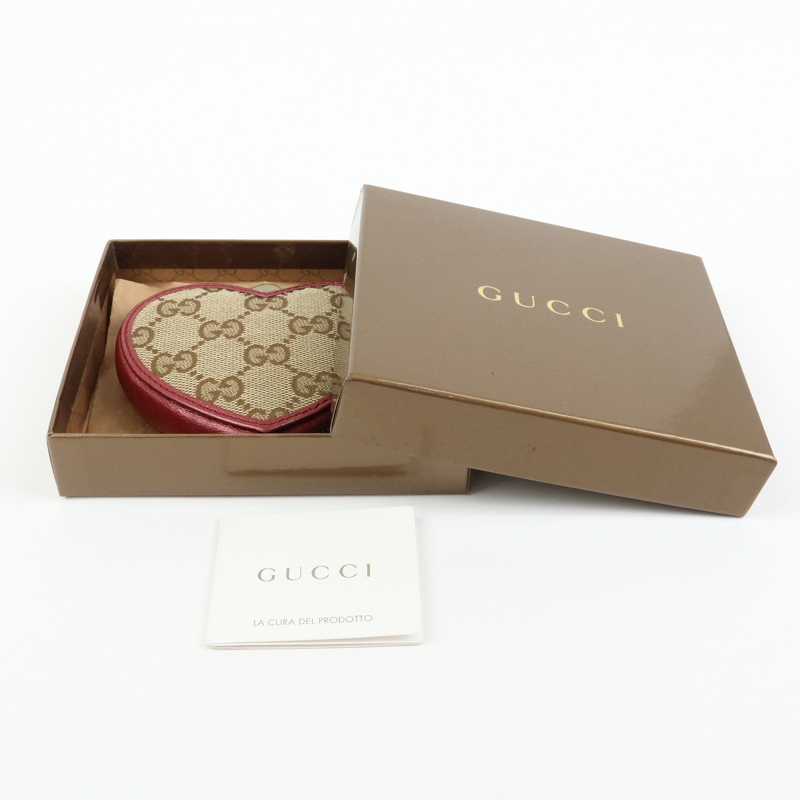 GUCCI Lovely Heart GG Canvas Leather Coin Case Beige Bordeaux152615