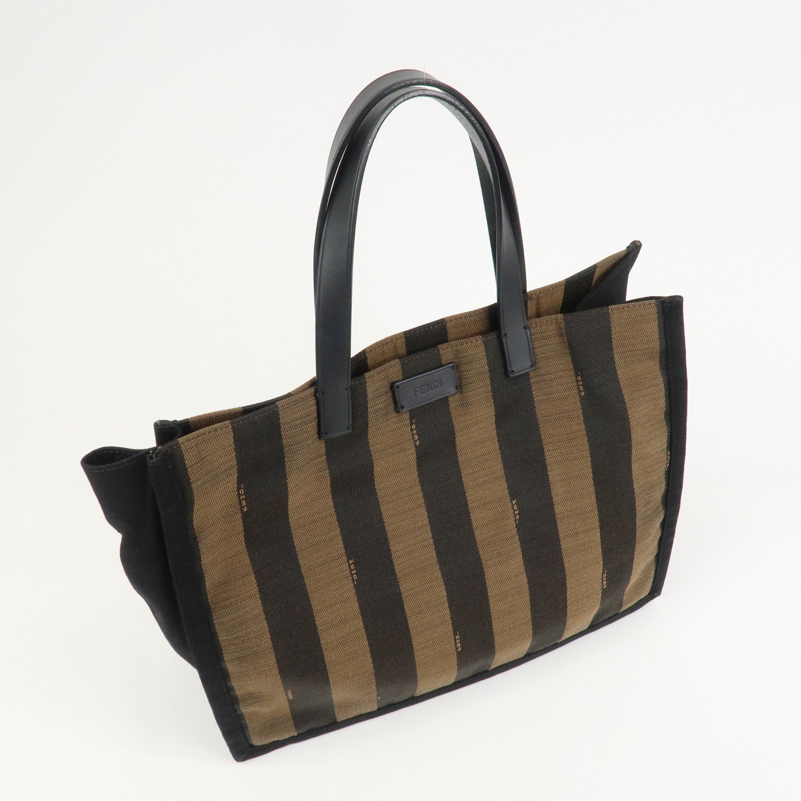 FENDI Pequin Canvas Leather Tote Bag Hand Bag Black Brown 8BH252