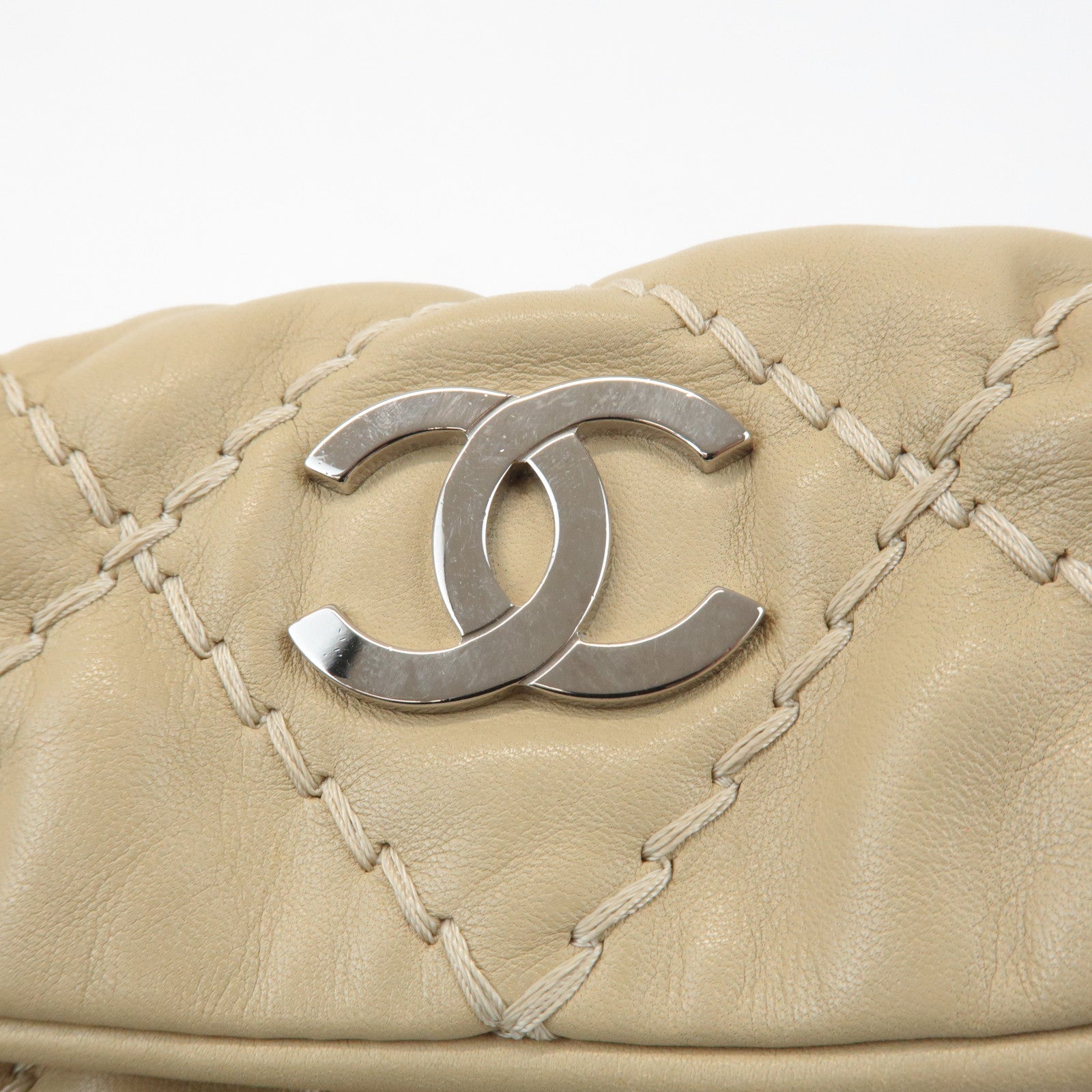 CHANEL Wild Stitch Lamb Skin Chain Shoulder Bag Hand Bag Beige Used