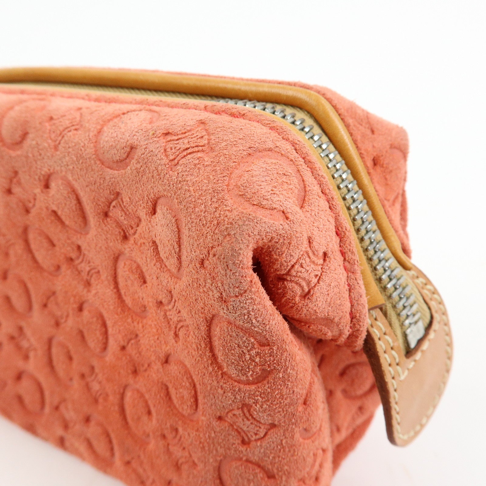 CELINE C Macadam Suede Leather Pouch Cosmetic Case Coral