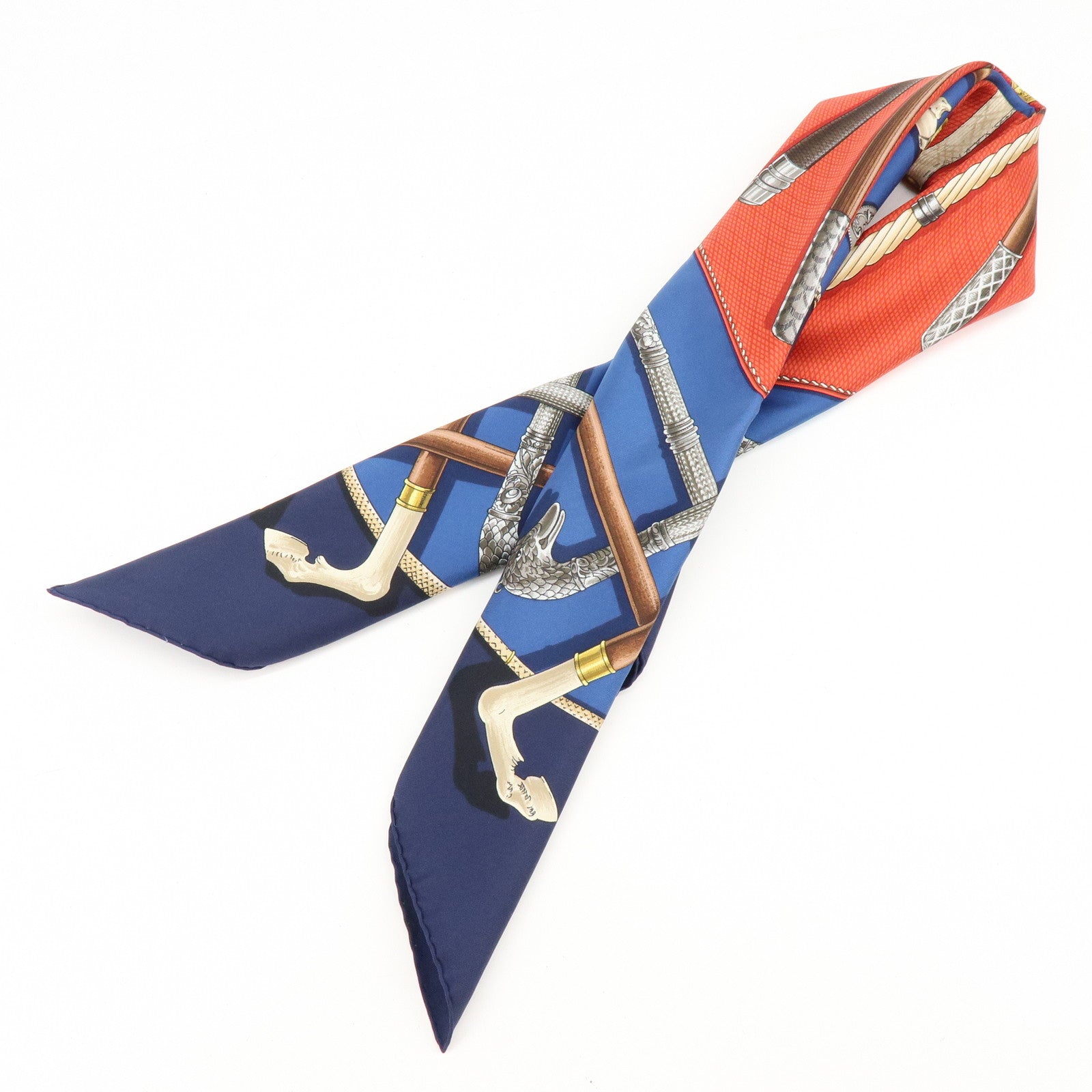 HERMES Carre 90 Silk 100% Scarf CANNES ET POMMEAUX Navy Brown