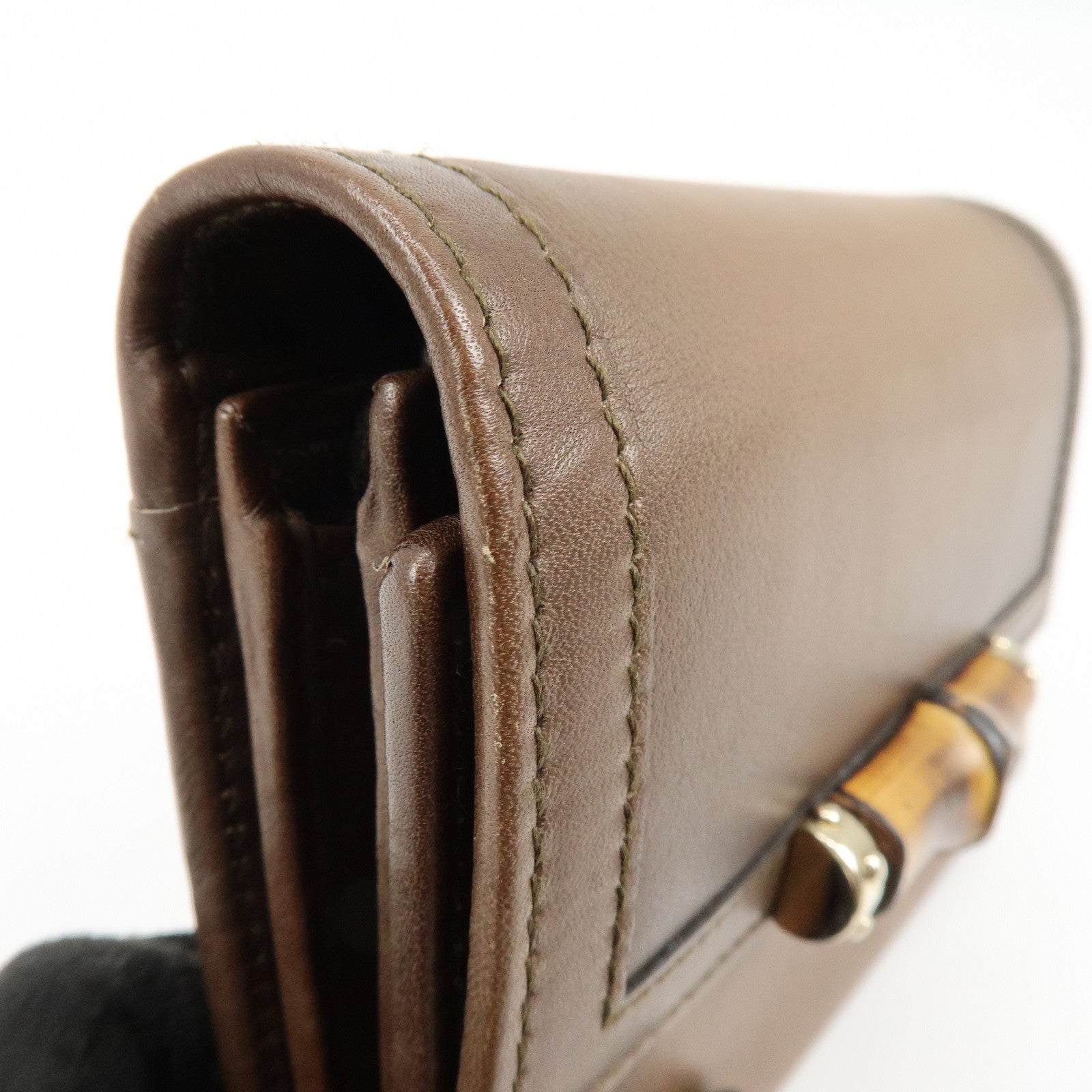 GUCCI Bamboo Leather Bi-fold Compact Wallet Brown 257017