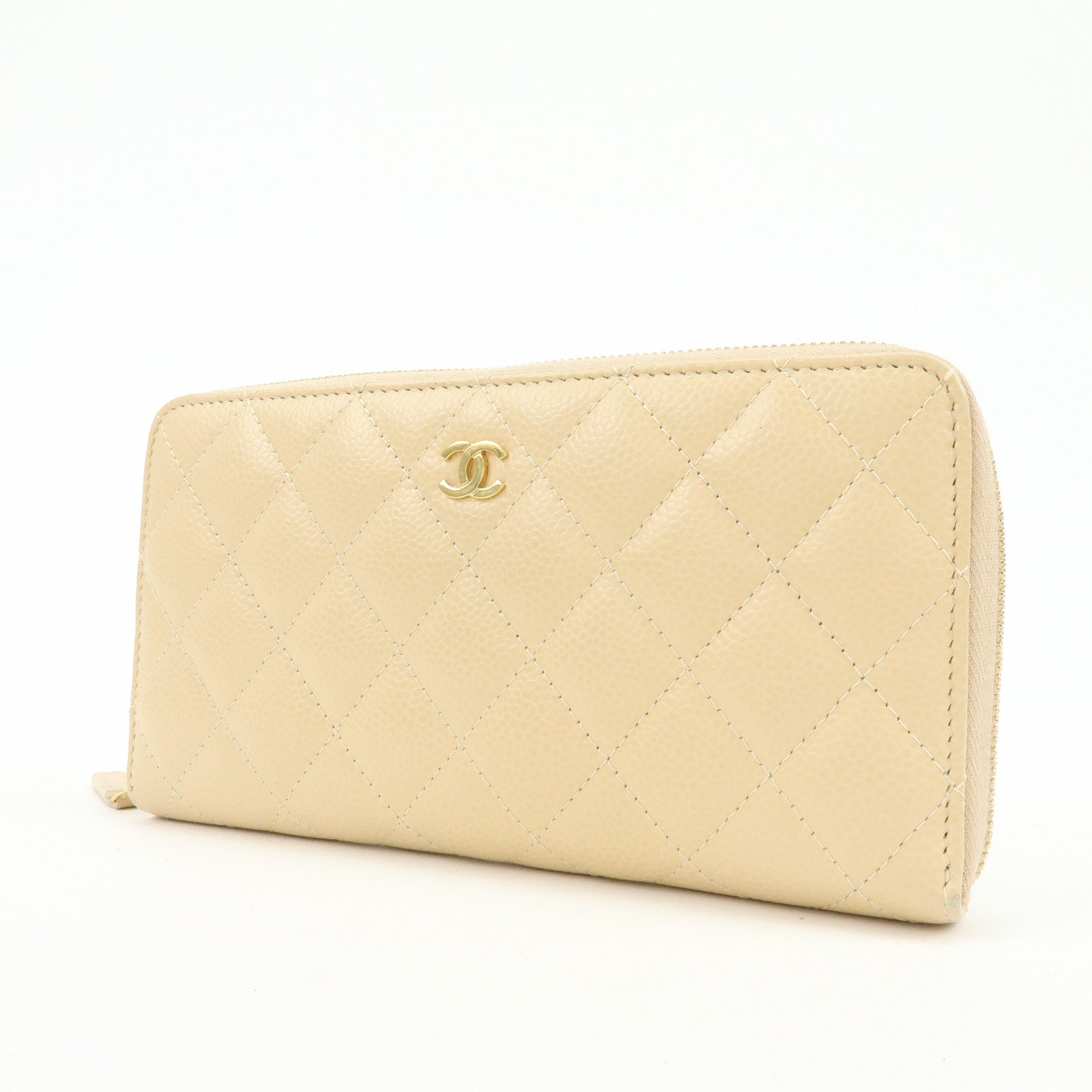 CHANEL Matelasse COCO Mark Caviarskin Zipppy Long Wallet Beige