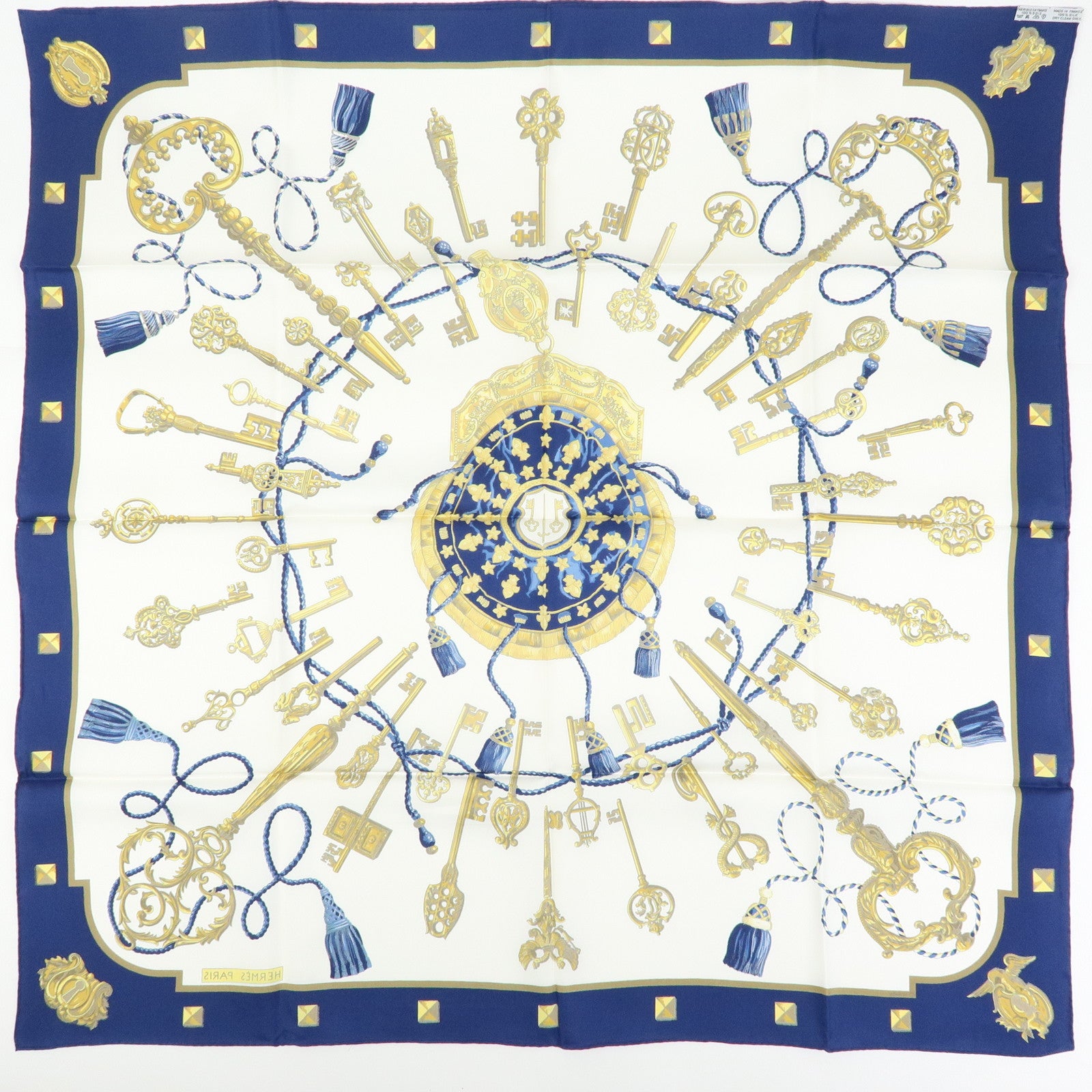 HERMES Carre 90 Silk 100% Scarf LES CLES THE KEYS RARE Navy Gold