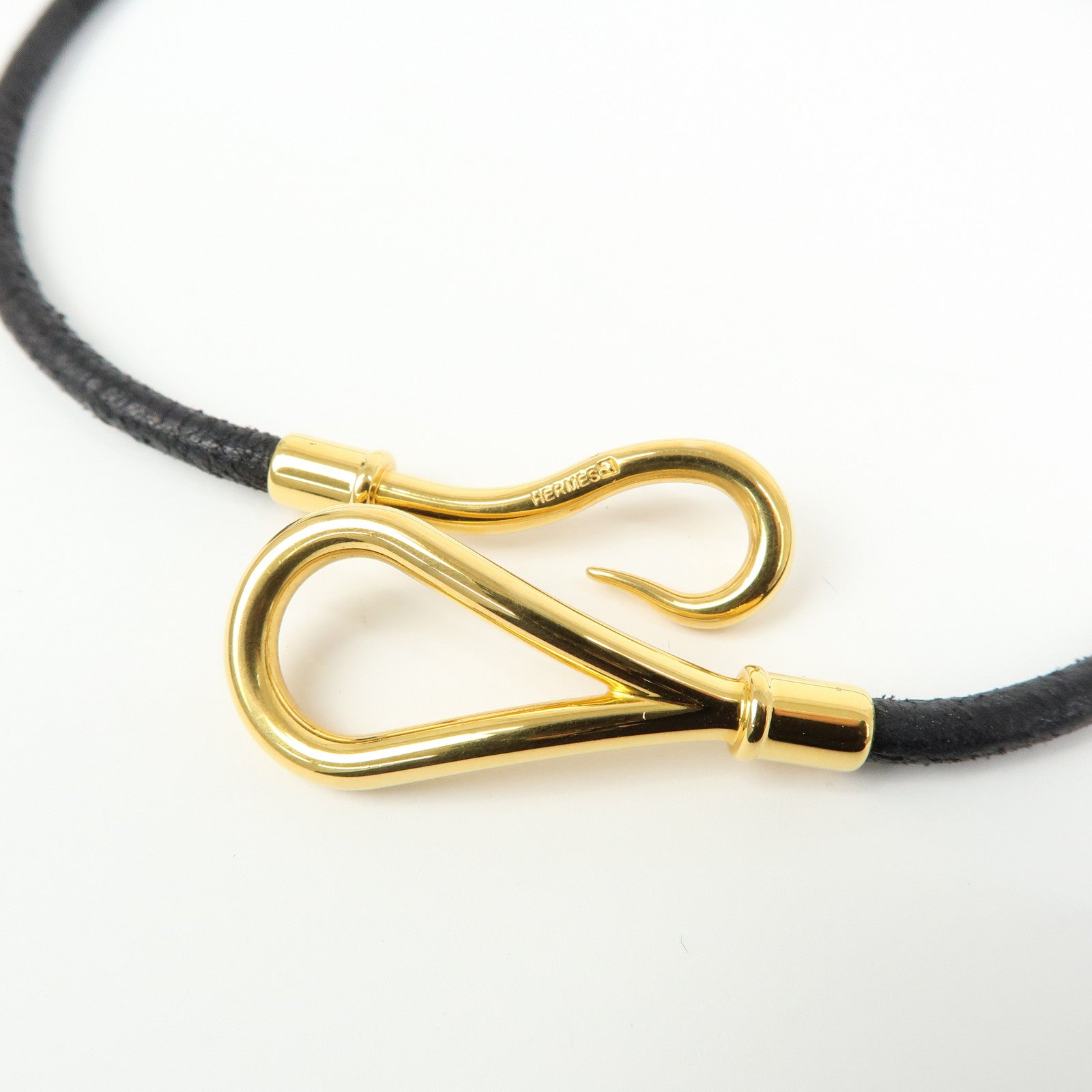 HERMES Jumbo Choker Leather Metal Bracelet Black Gold