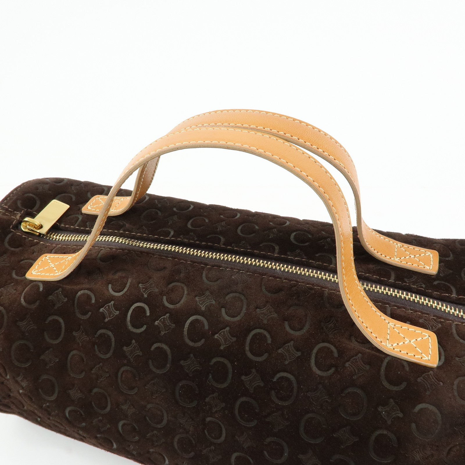 CELINE C Macadam Suede Leather Hand Bag Drum Bag Dark Brown