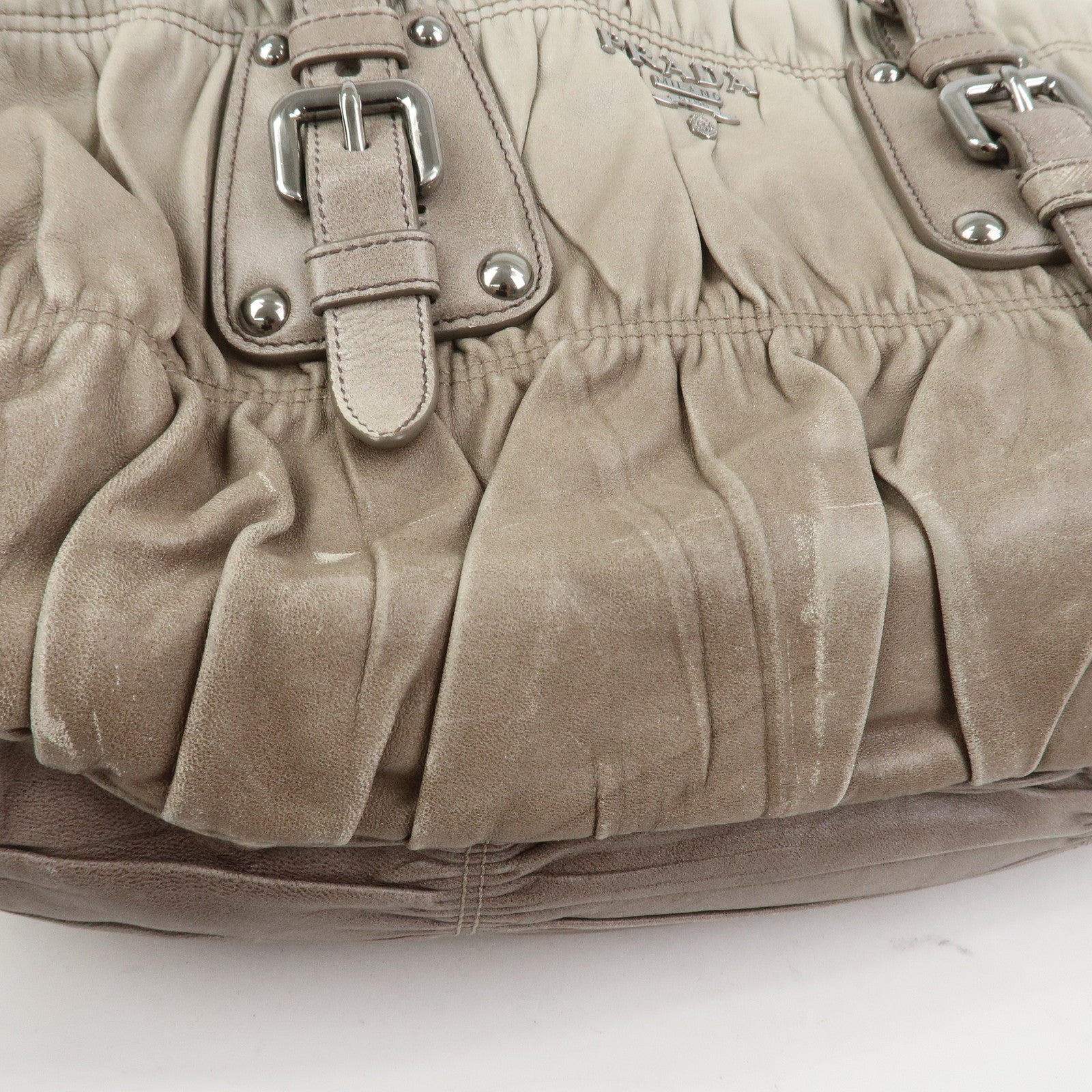 PRADA Leather Gathered 2Way Bag Hand Bag Shoulder Bag Gray BN1407