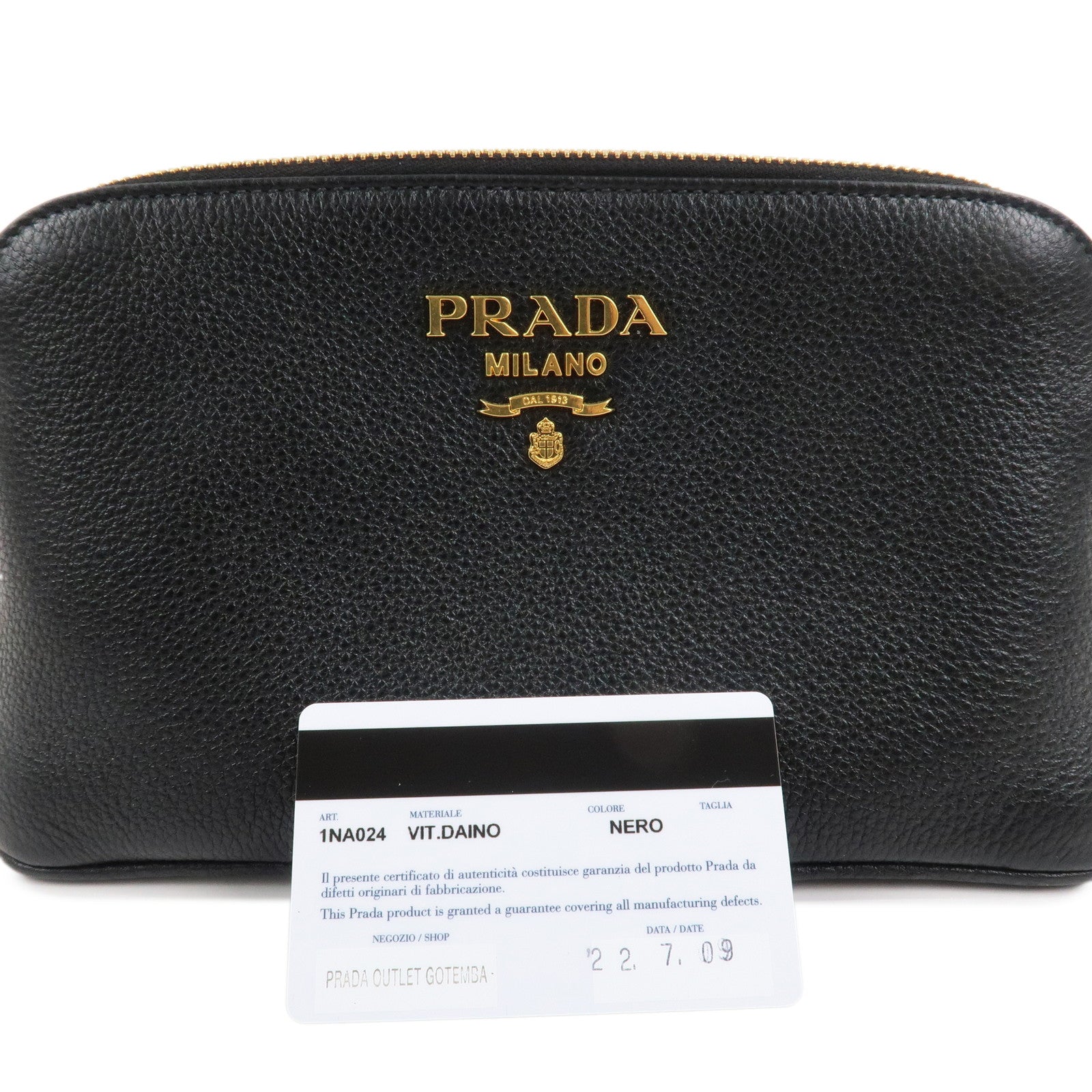 PRADA Logo Vitello Daino Leather Cosmetic Pouch Black 1NA024