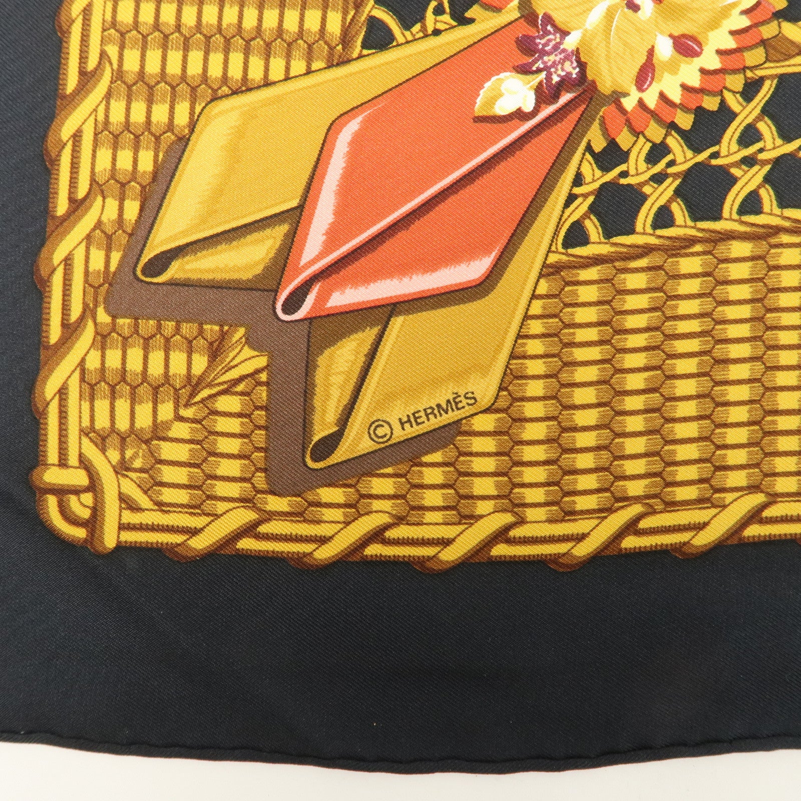 HERMES Carre 90 Silk 100% Scarf GRAND APPARAT Black Gold Used