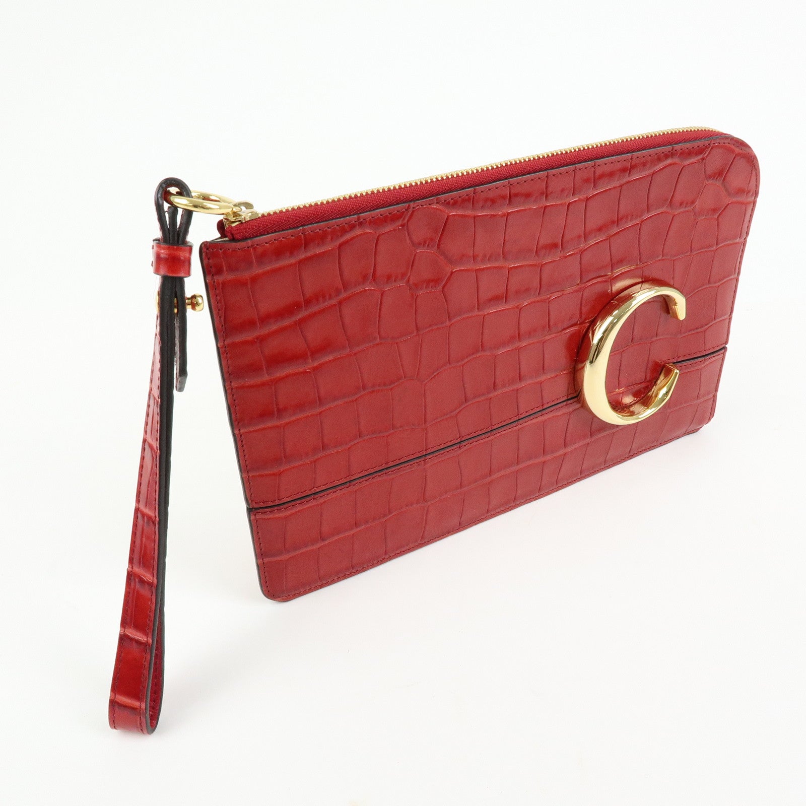 Chloe See By Chloe Embossed Leather Clutch Bag Flat Pouch Red