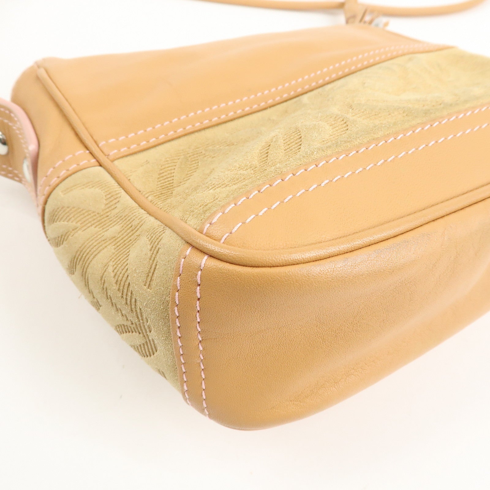 LOEWE Anagram Leather Suede Shoulder Bag Biege Silver HDW Used