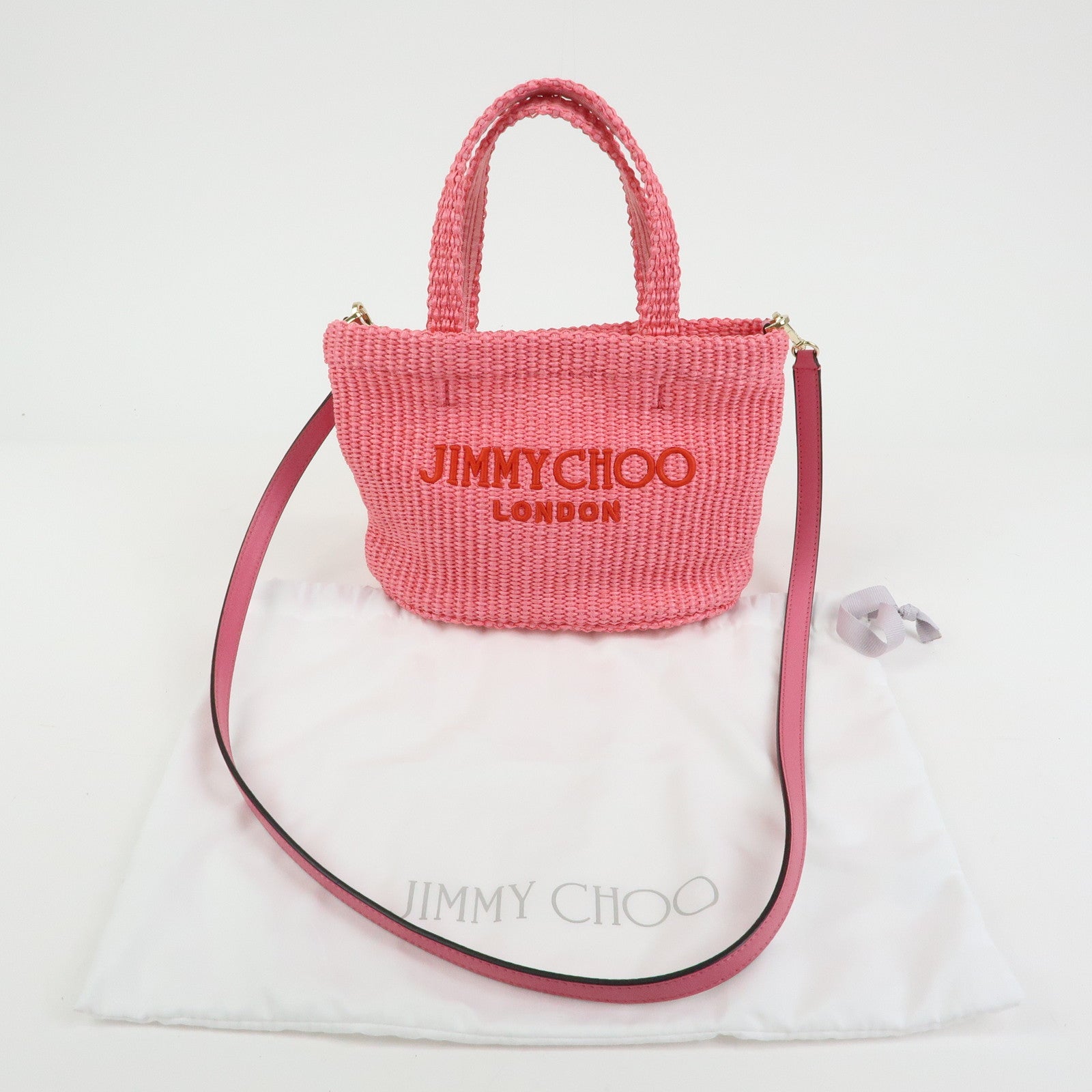 JIMMY CHOO Raffia Leather Beach Tote East West Mini 2Way Bag Pink
