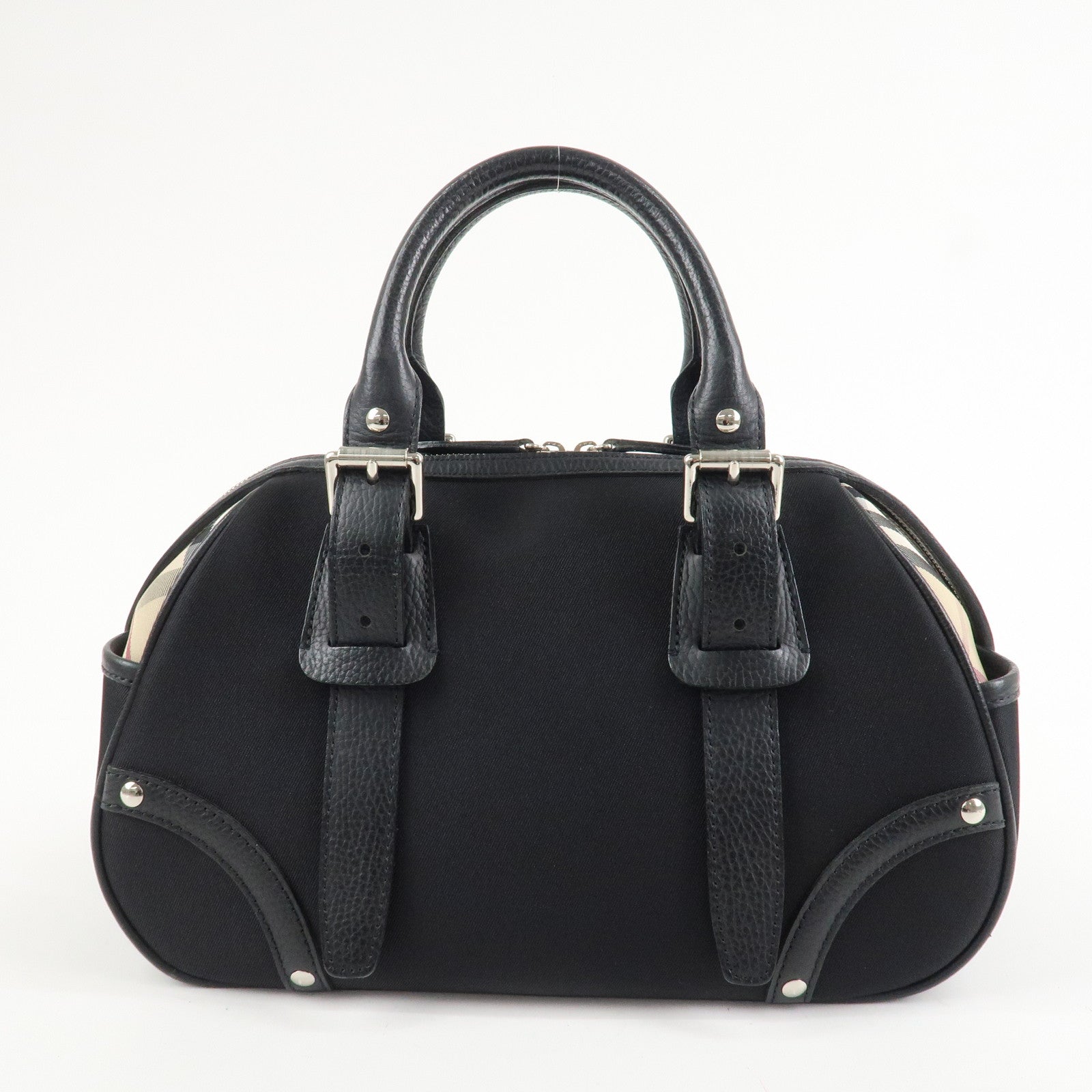 BURBERRY Canvas Leather Nova Plaid Boston Bag Black Beige Used
