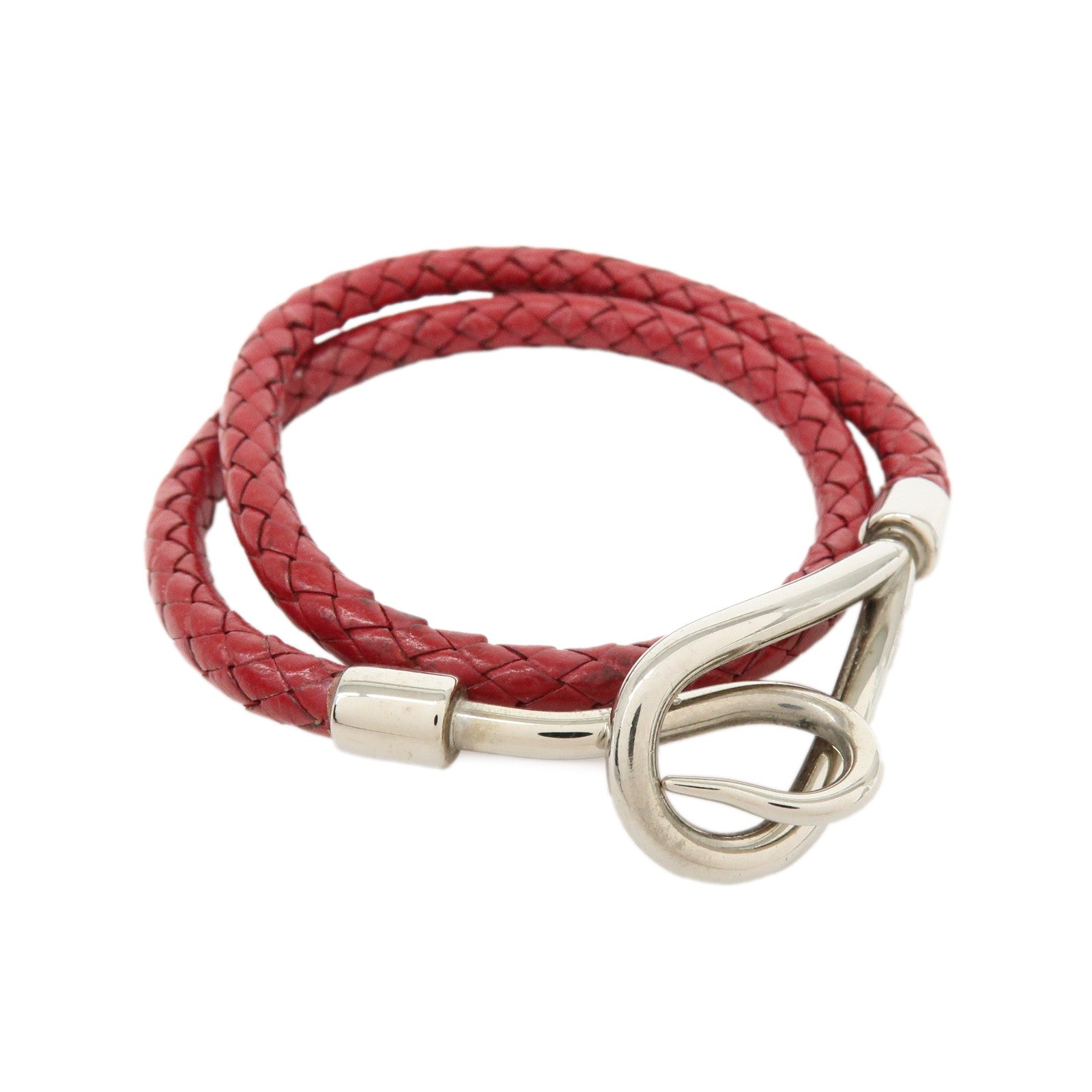 HERMES Jumbo Choker Double Tour Leather Metal Bracelet Red Silver