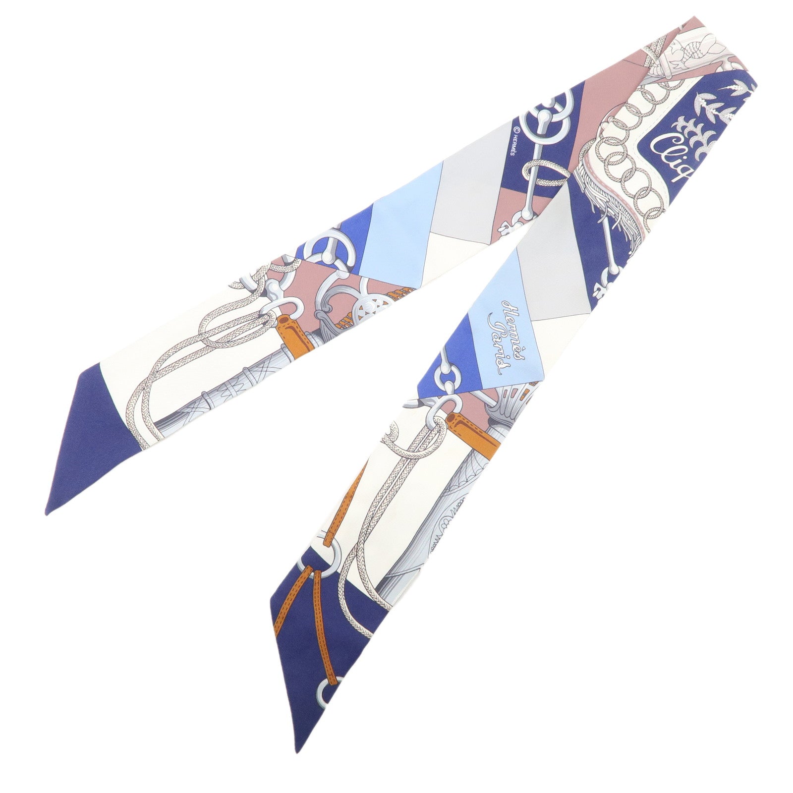 HERMES Silk 100％ Twilly Scarf Qliquetis Navy White Blue Gray