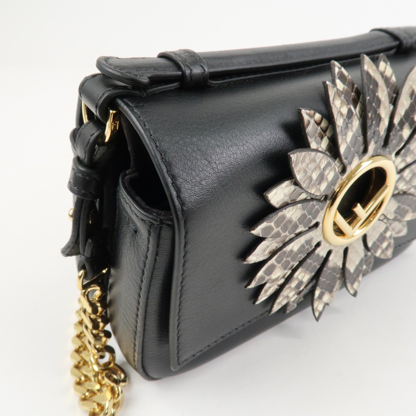 FENDI Leather Double Micro Baguette Shoulder Hand Bag Black 8M0371