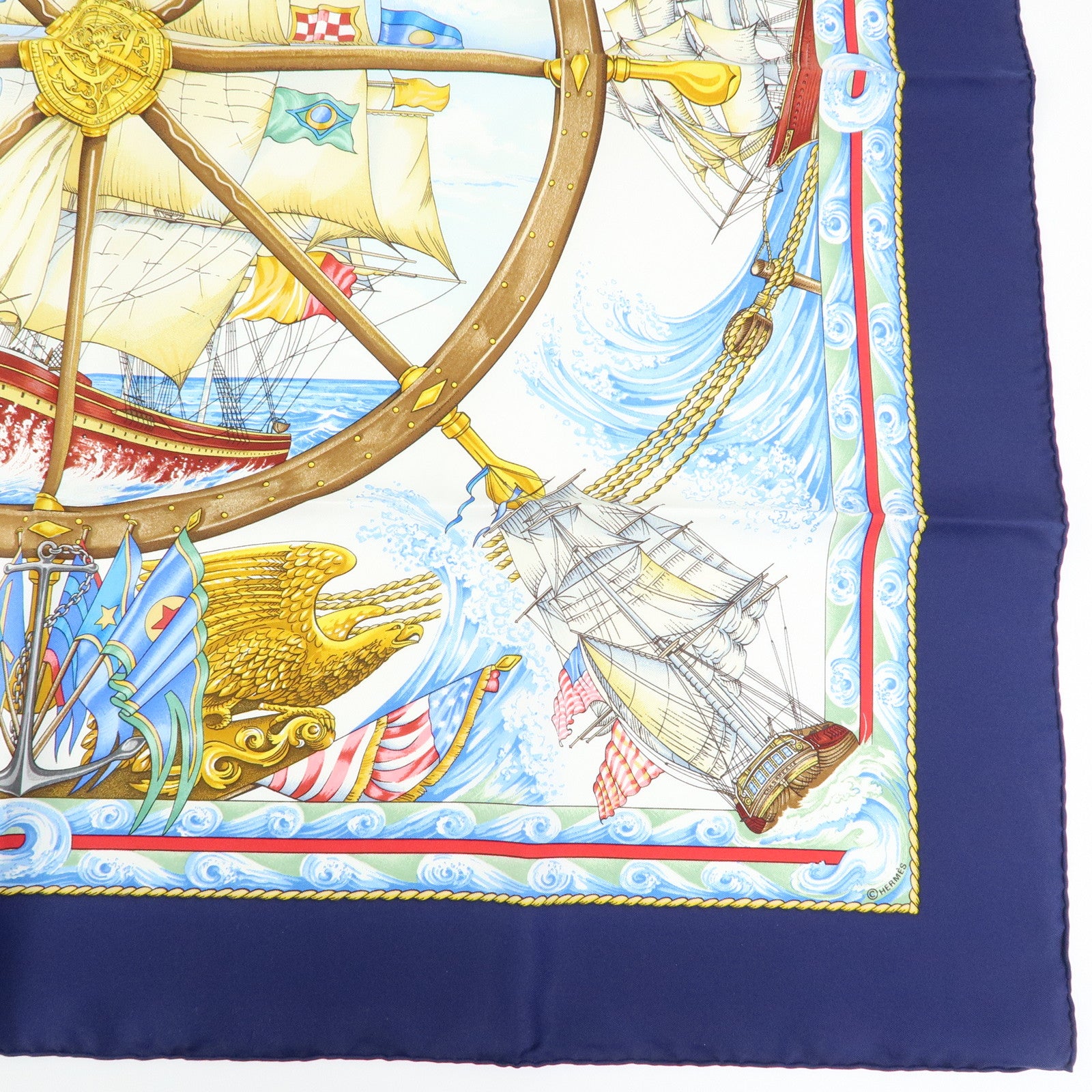 HERMES Carre 90 Silk 100% Scarf VIVE LE VENT Navy Blue Yellow White
